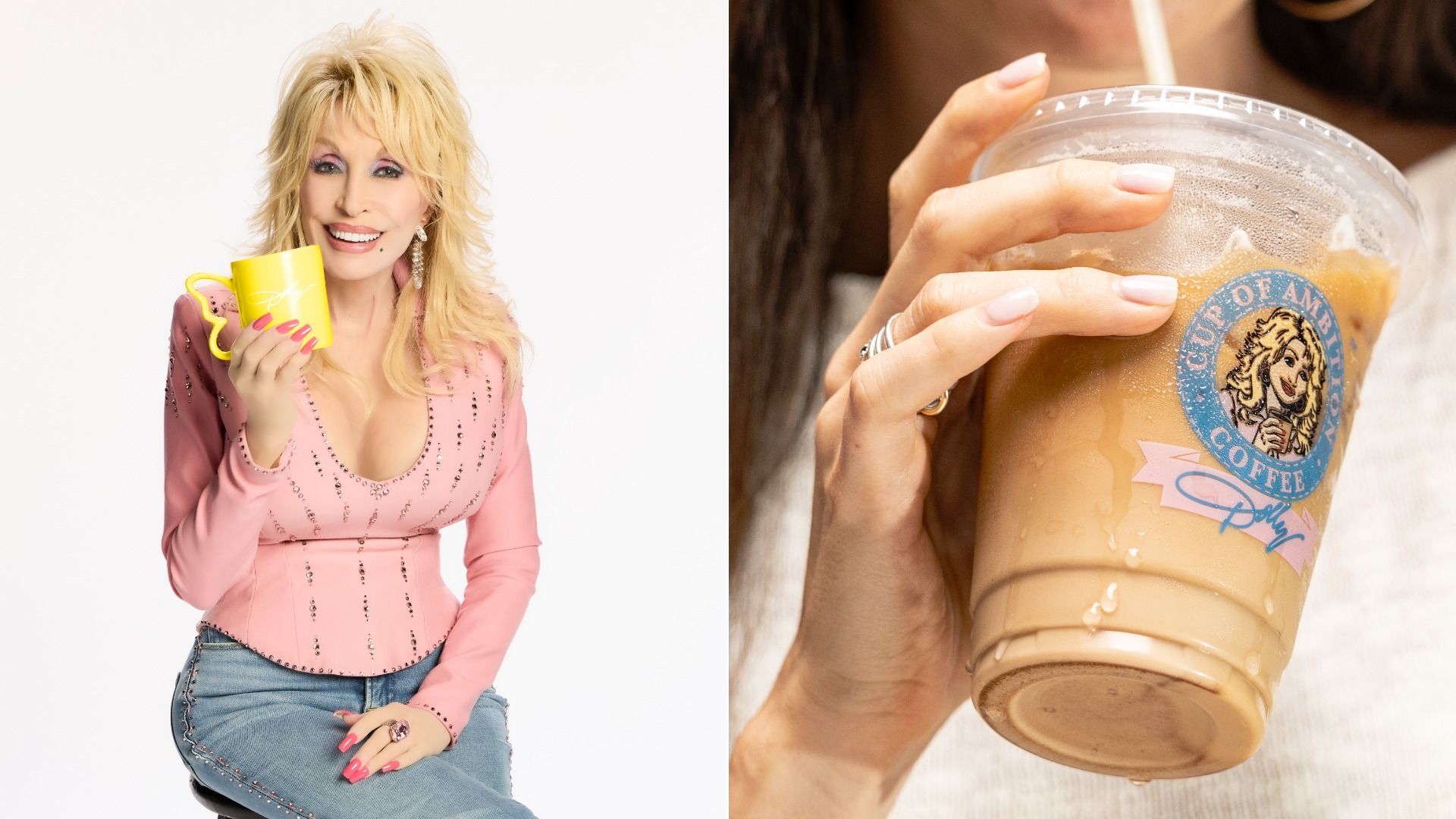 Left: smiling blonde woman in a pink sequined top holds a bright yellow mug; right: close-up of a hand with pale pink nails gripping an iced coffee cup with a blue logo.