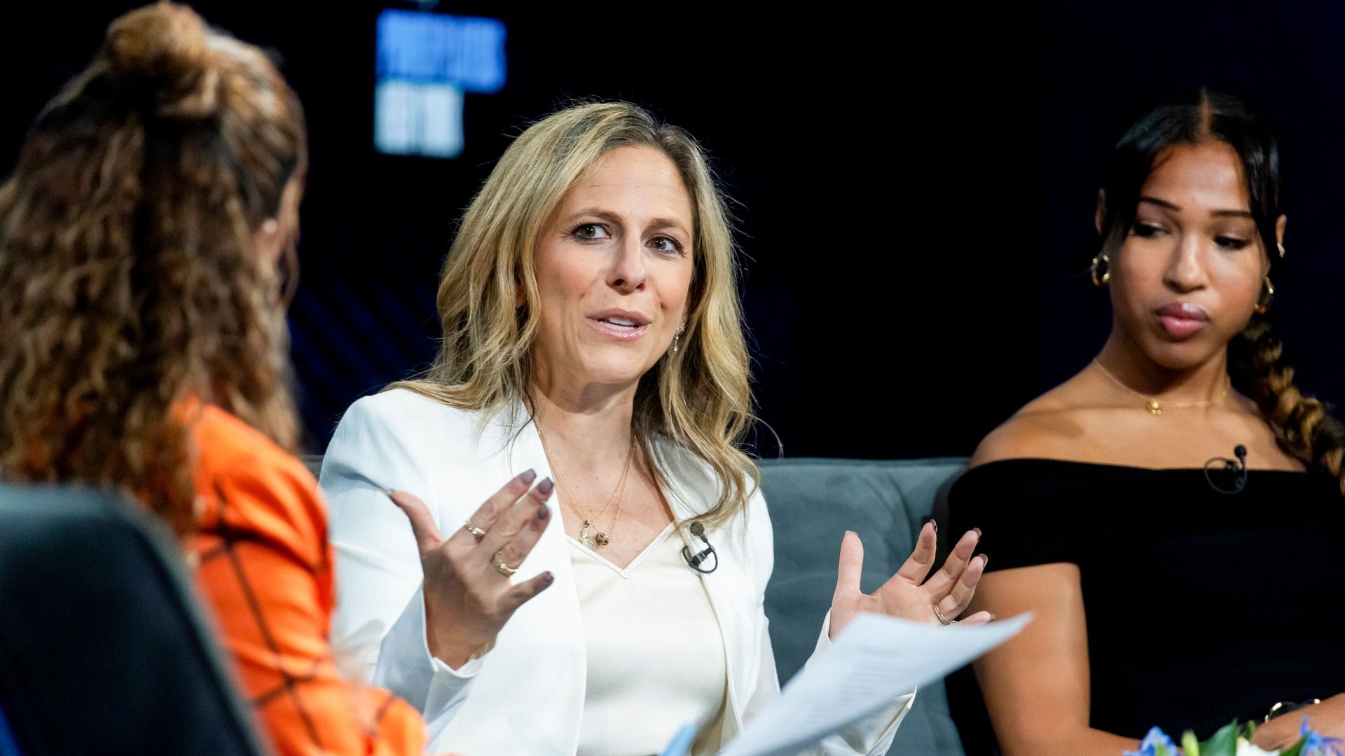 Jessica Berman, commissioner of the National women's Soccer League (NWSL), center, and Midge Purce, forward with the NJ/NY Gotham FC women's soccer team, right, during the Bloomberg Power Players New York event in New York, US, on Thursday, Sept. 5, 2024.