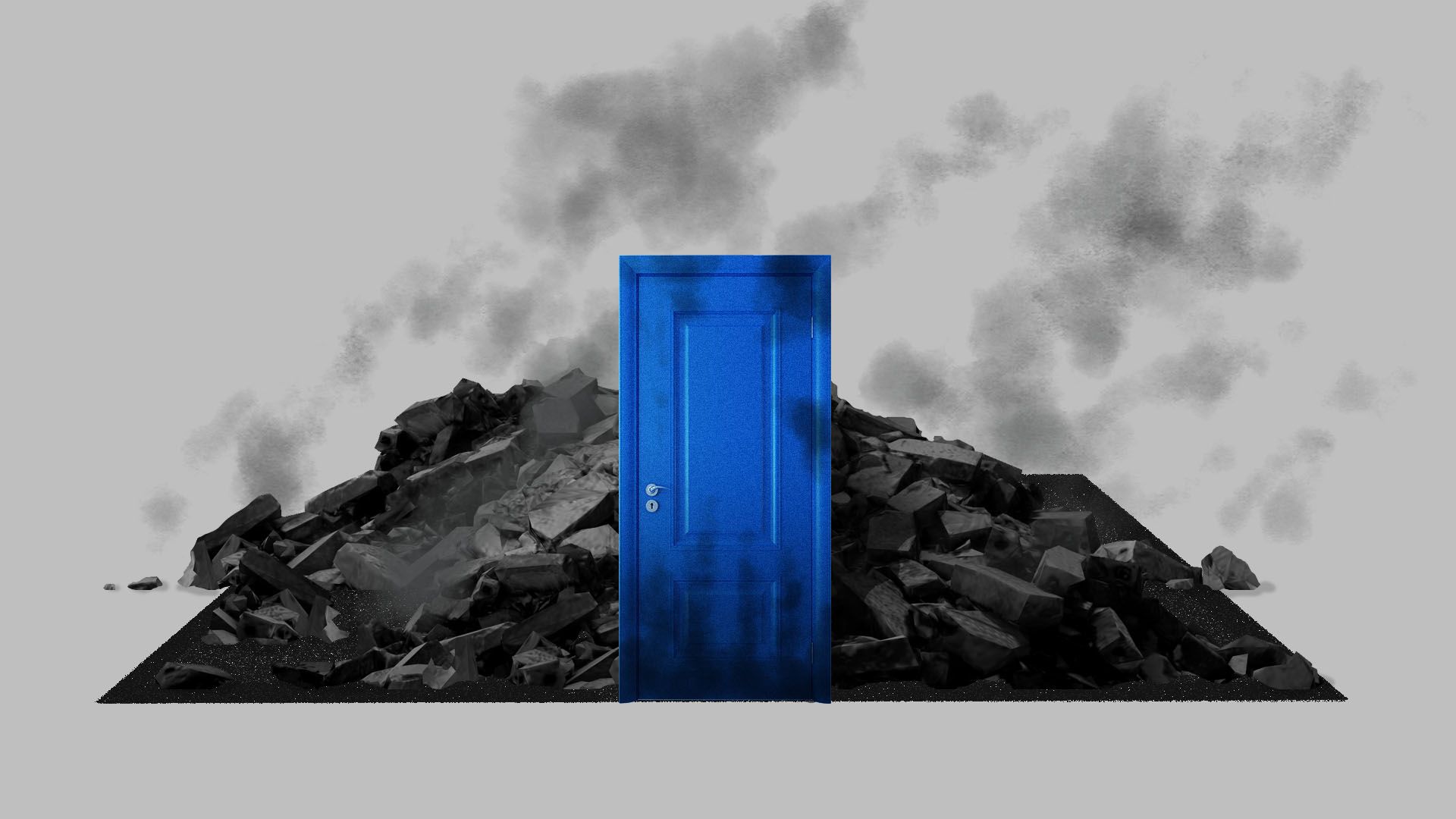 Illustration of a blue door with a burned down room behind it