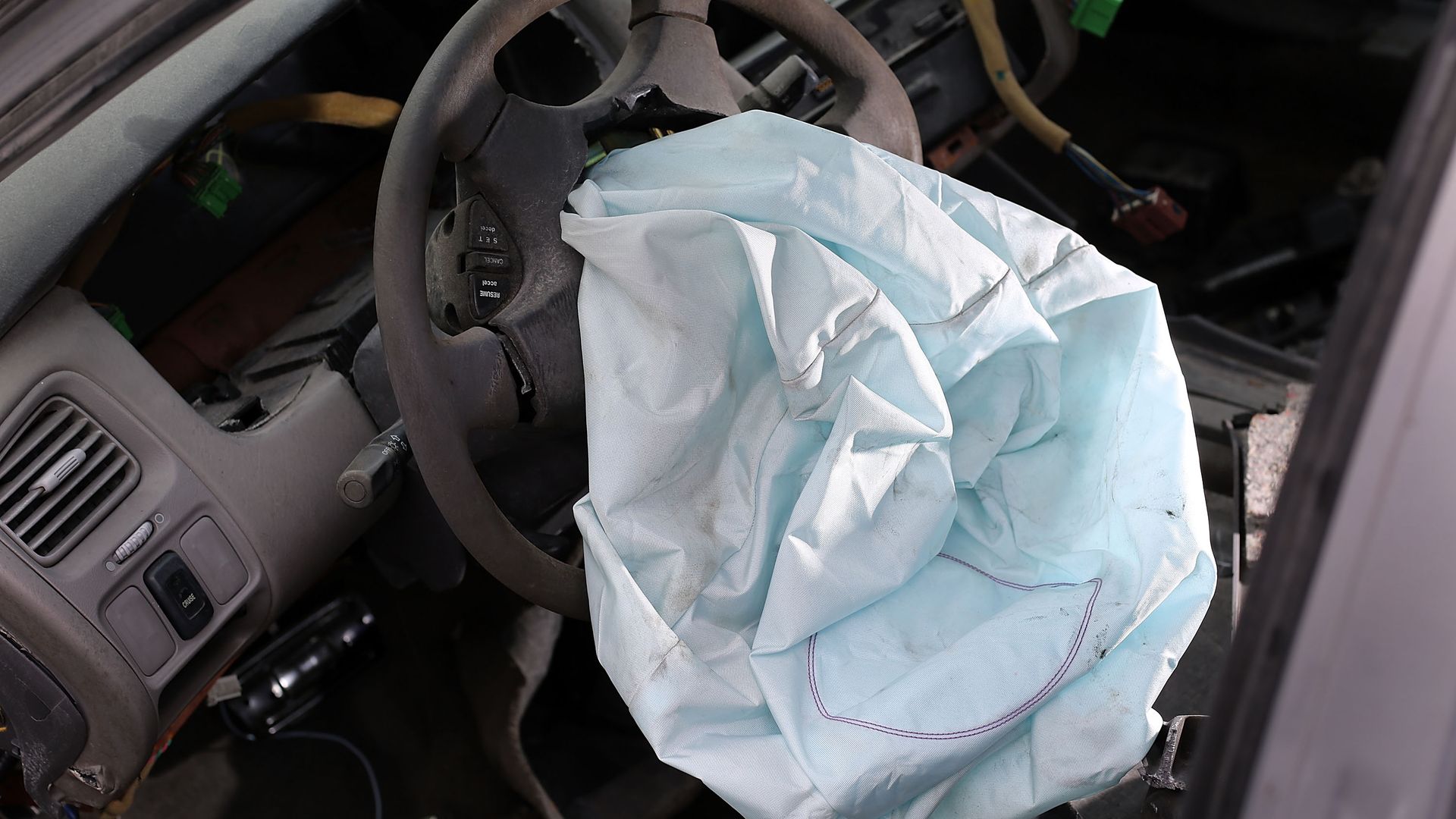 A deployed Takata airbag in a Honda Accord