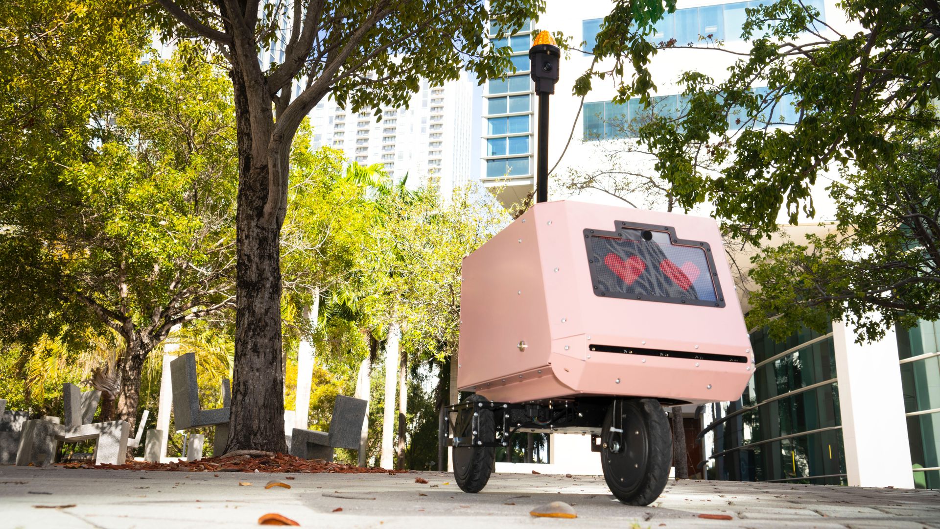 A three-wheeled remote-control robot with heart eyes and a pink exterior.