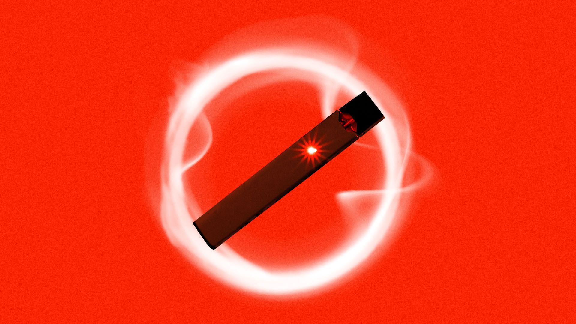 Illustration of a juul device forming a "no" symbol with a cloud of vapor around it