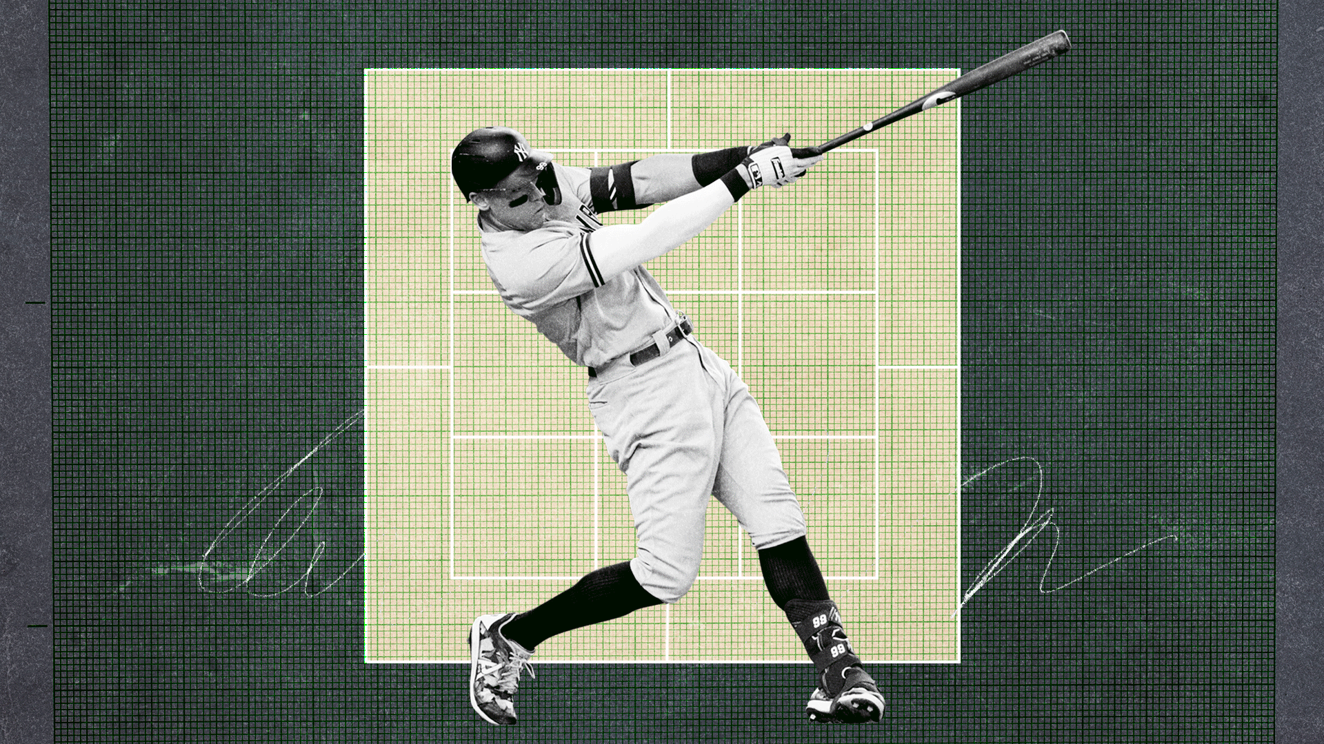Photo Illustration of Aaron Judge swinging at bat with a grid behind him.