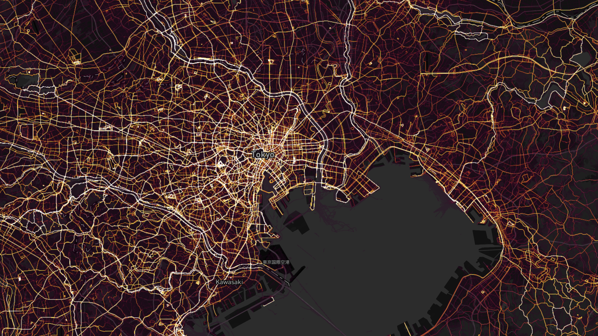 A heat map of popular exercise paths in Tokyo as measured by the Stava social network.