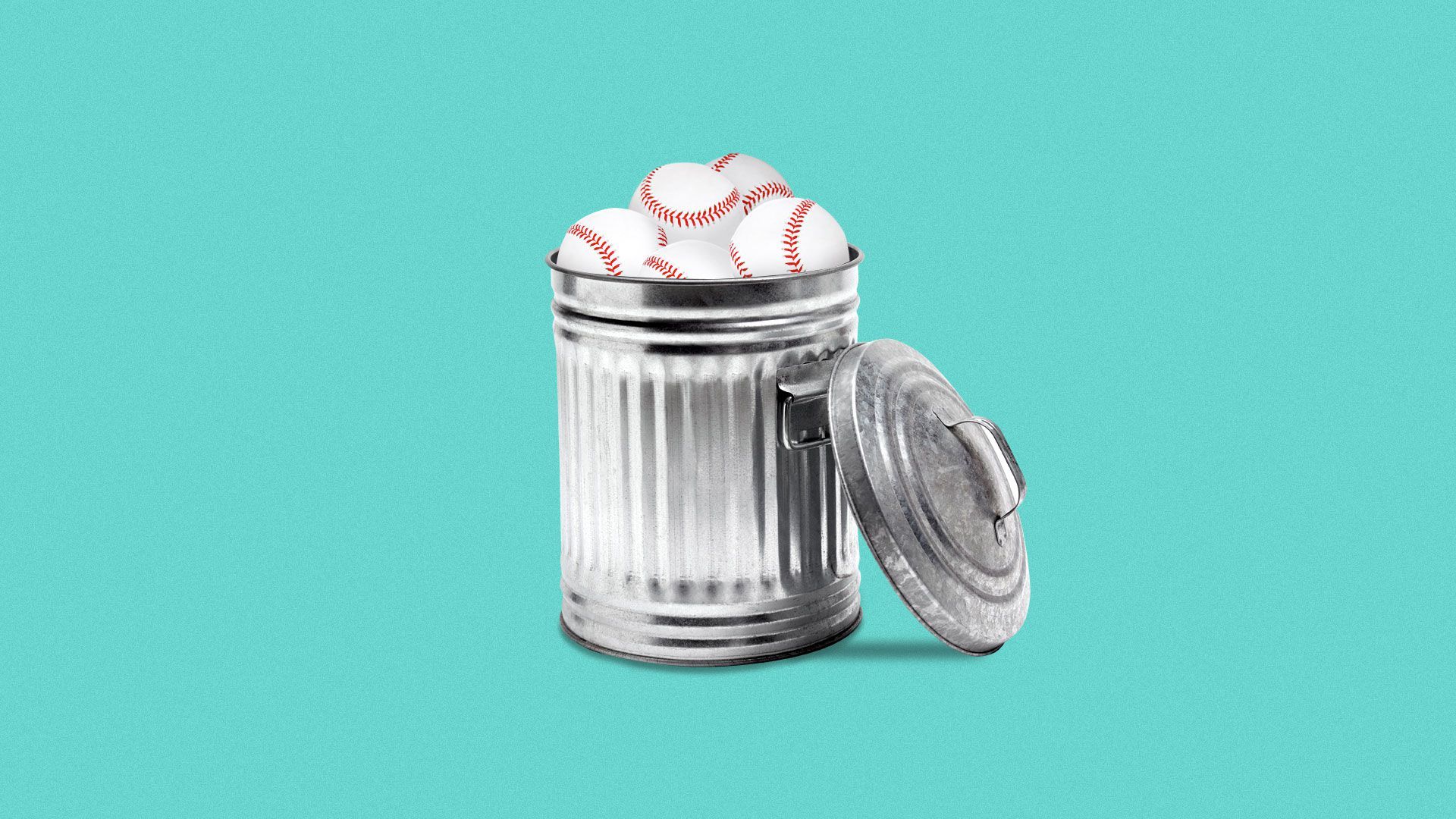 Illustration of metal garbage can filled with baseballs