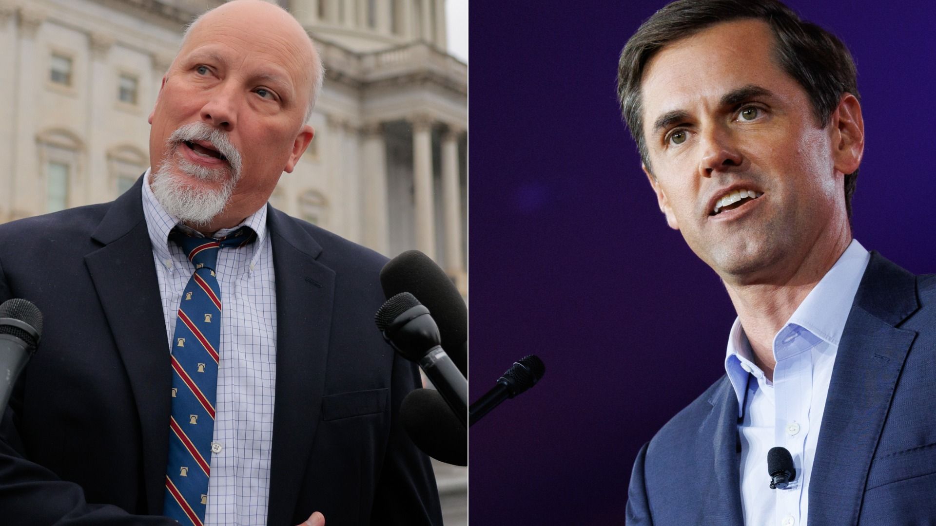 Split image of two men in suits giving speeches. Left: balding man with white beard, blue shirt and striped tie, in front of a government building. Right: younger man in a dark suit on a purple stage.