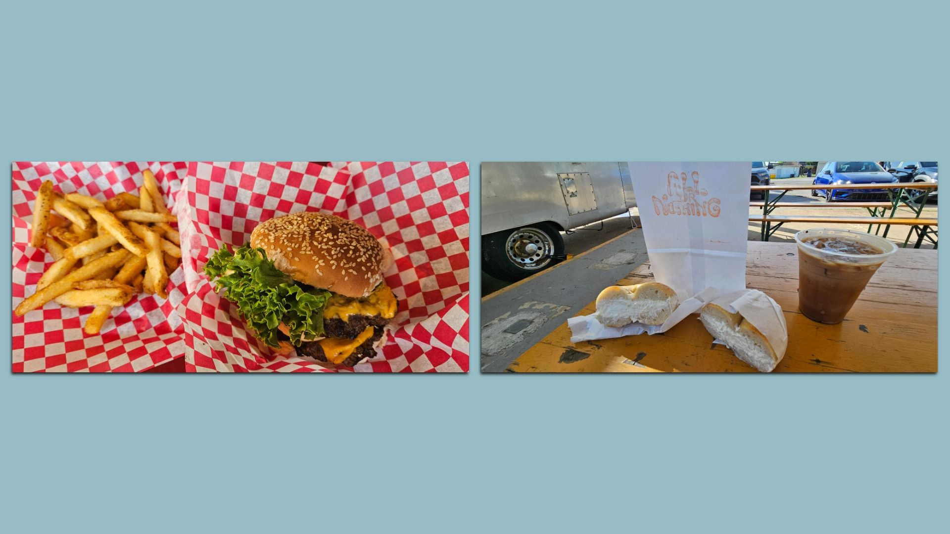 A burger and fries from Cledis alongside a bagel and coffee at All or Nothing.