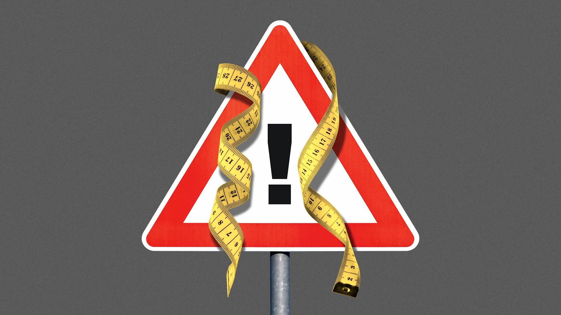 Illustration of measuring tape draped around a caution street sign.