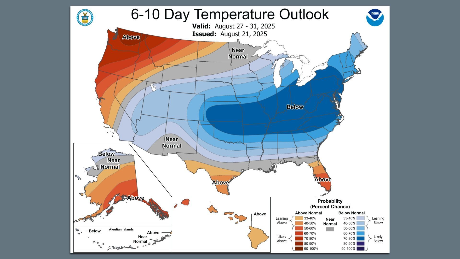 A map titled "6-10 Day Temperature Outlook" for Aug. 27-31. Shades of blue engulf much of the East, meaning it's projected to be cooler than average. Most of Florida is colored in shades of orange, signaling a chance of higher-than-average temperatures.