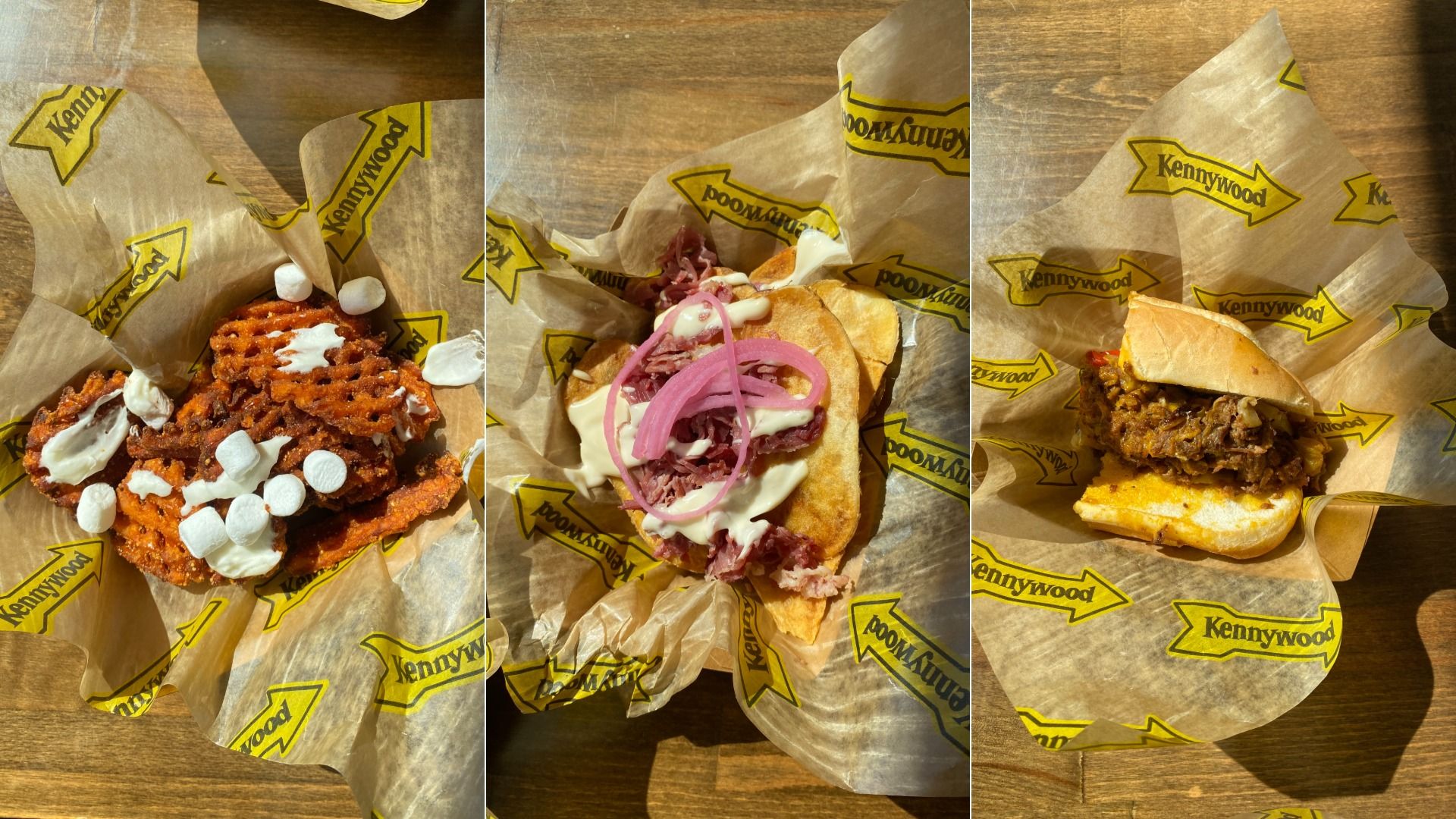 Triptych of Kennywood-wrapped foods. Left: crispy orange fried chicken bites with white sauce and marshmallows. Center: sandwich with pale sauce and pink onion rings. Right: meat-filled sandwich in a bun.
