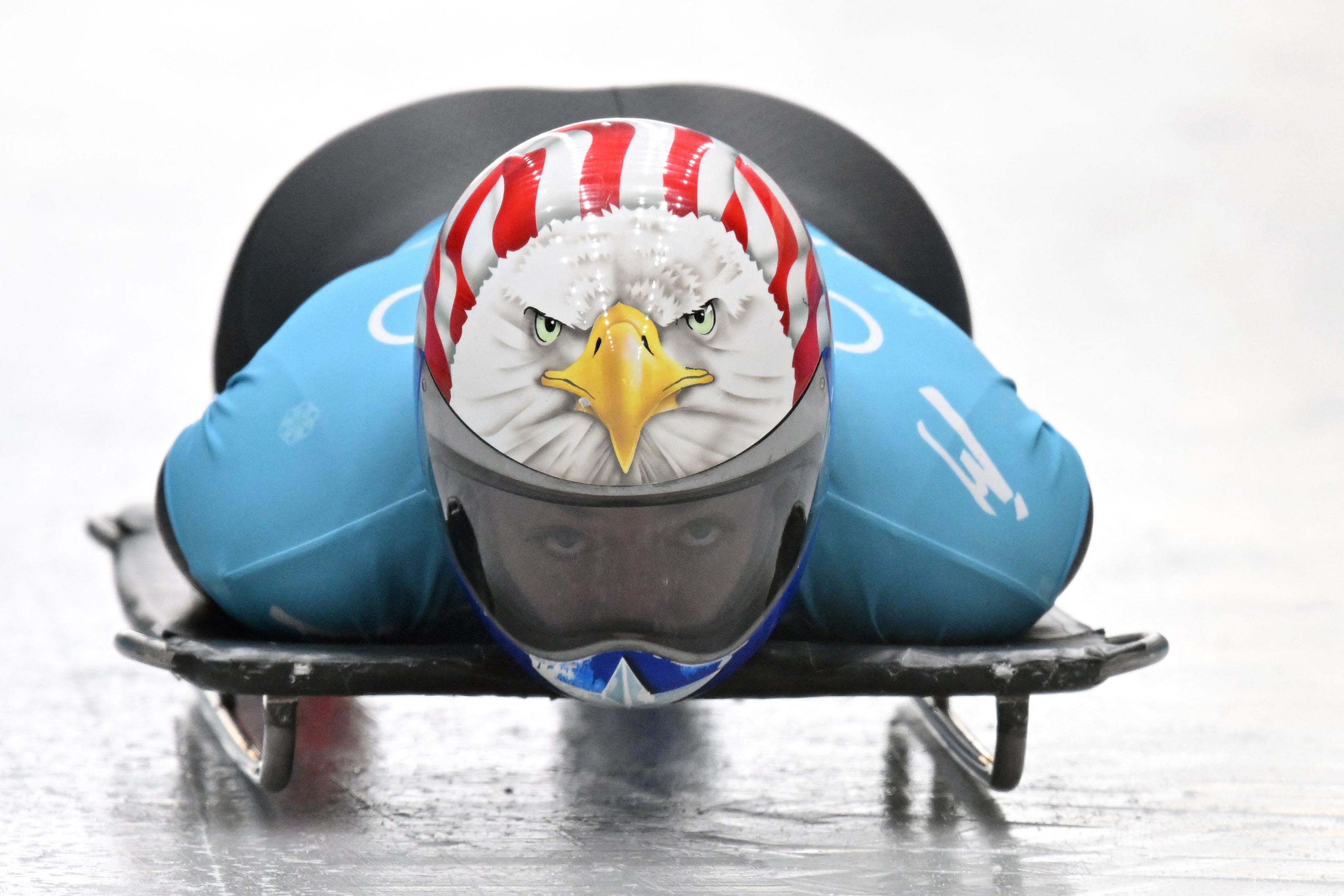 USA's Katie Uhlaender takes part in the women's skeleton training at the Yanqing National Sliding Centre during the Beijing 2022 Winter Olympic Games in Yanqing on February 8
