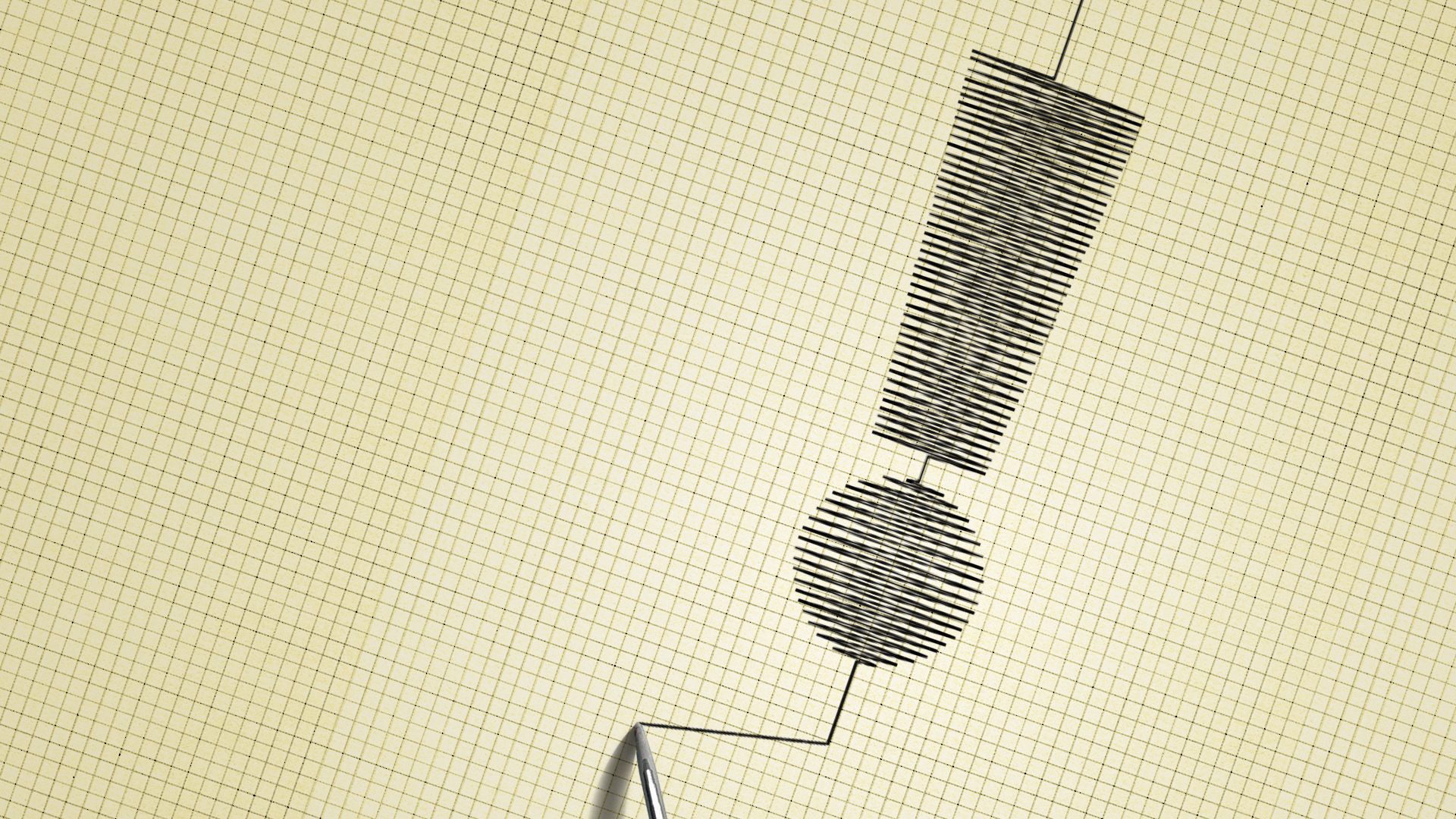 Illustration of a seismograph reading in the shape of an exclamation point. 