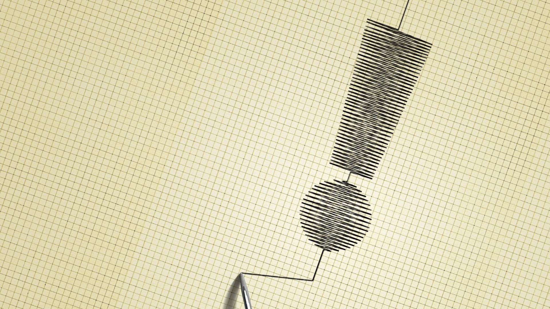 Illustration of a seismograph reading in the shape of an exclamation point.