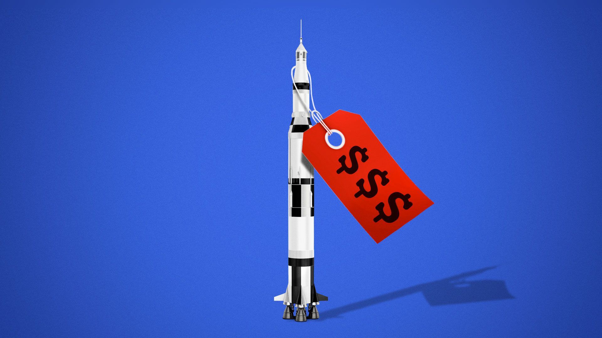 Illustration of rocket with giant price tag.
