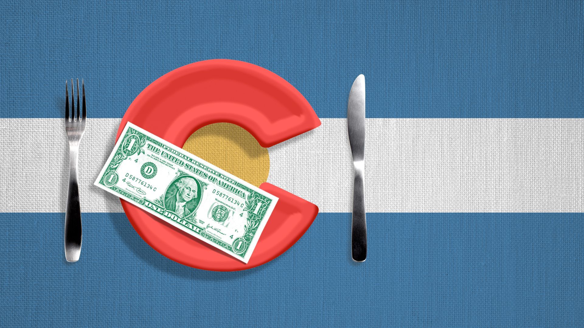 Illustration of the Colorado flag, with a plate for a C, a knife and fork alongside it, and a dollar on the plate. 
