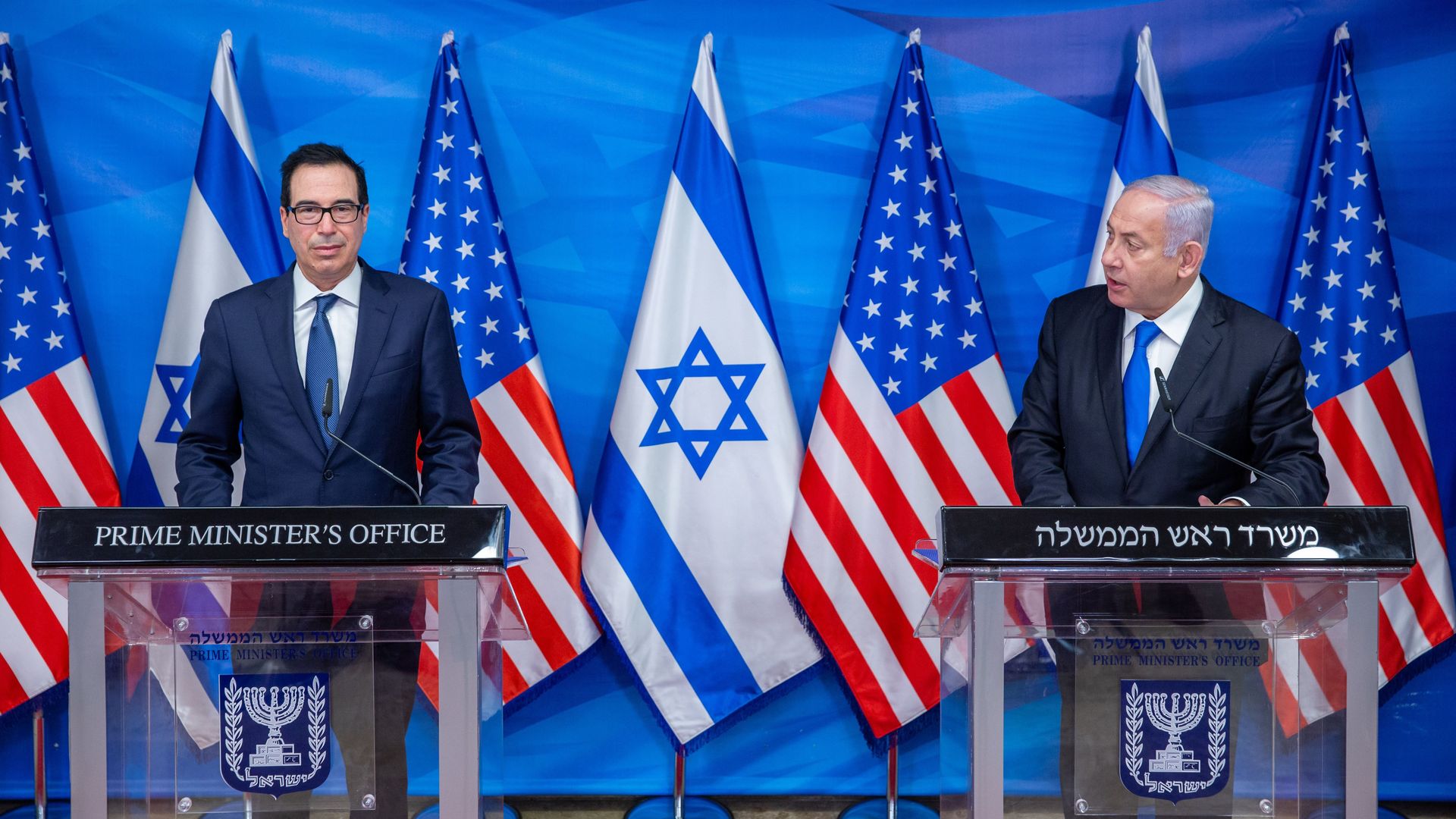 Then-Treasury Secretary Steven Mnuchin is seen with Israeli Prime Minister Benjamin Netanyahu in Jerusalem.