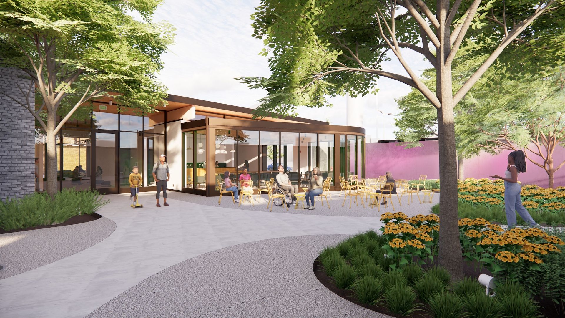Modern cafe with curved glass walls, outdoor seating of yellow chairs, people sitting and walking in a shaded courtyard; lush trees and a pink wall in the background.