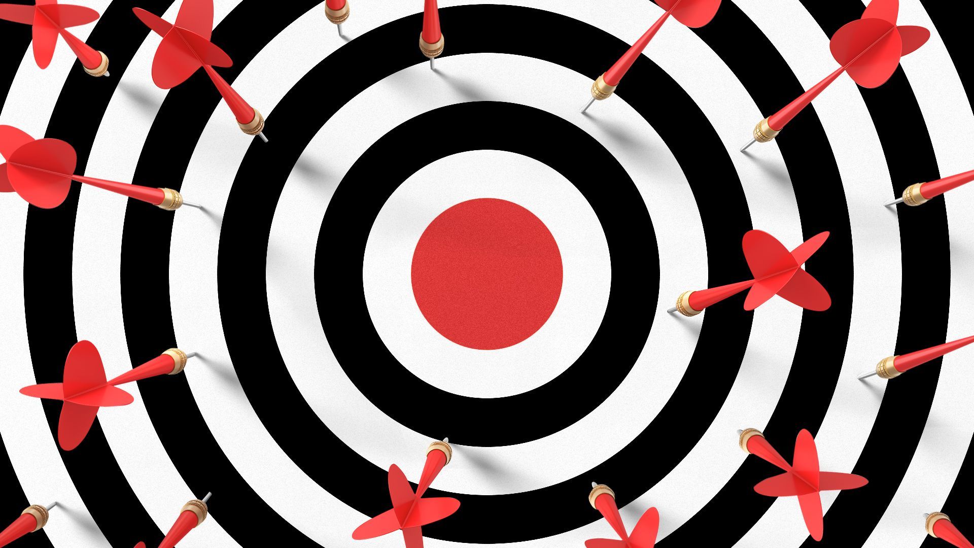 Illustration of a close up on a target with darts all around the edges but none have landed in the center.