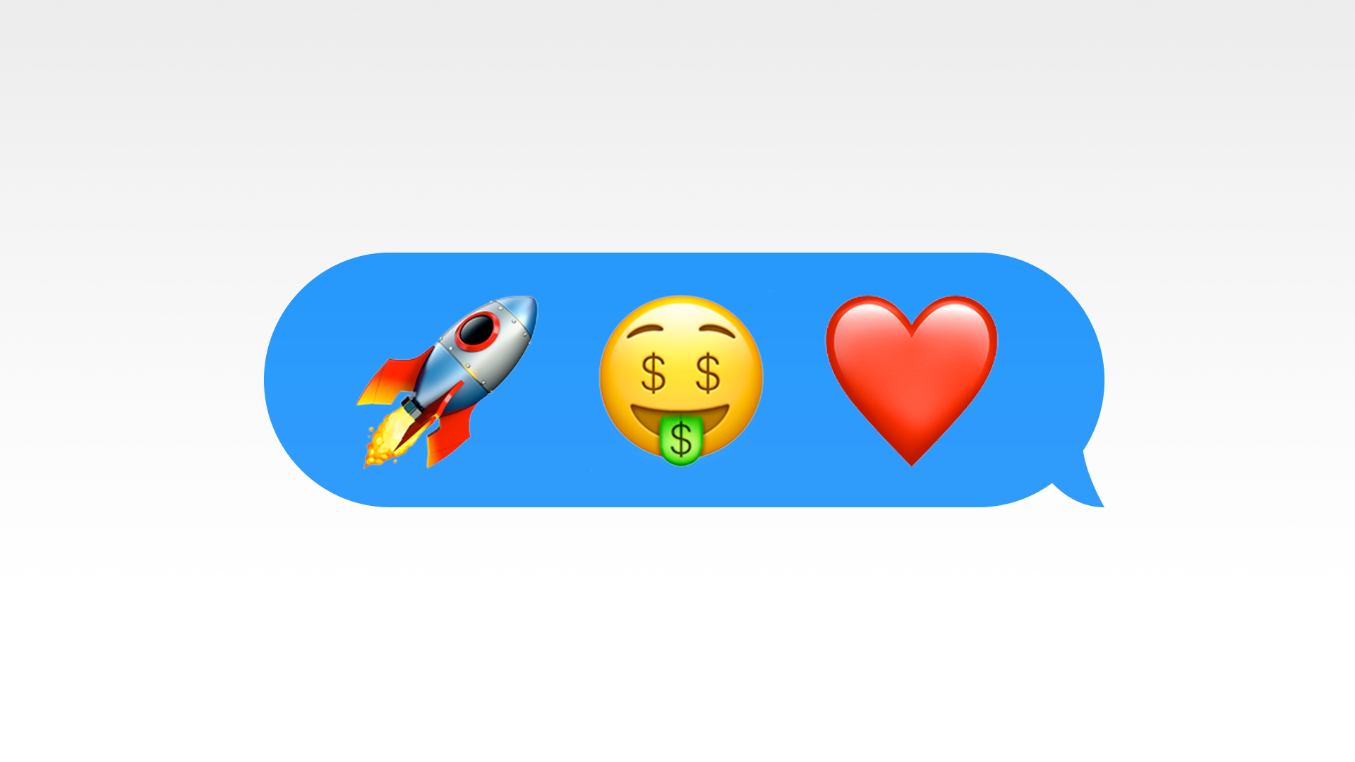 Illustration of a text message with a rocket emoji, a money-eye face emoji, and a heart emoji