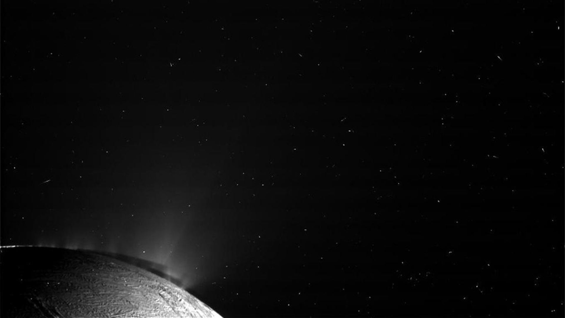 Geysers erupt from the pole of Saturn's moon Enceladus.