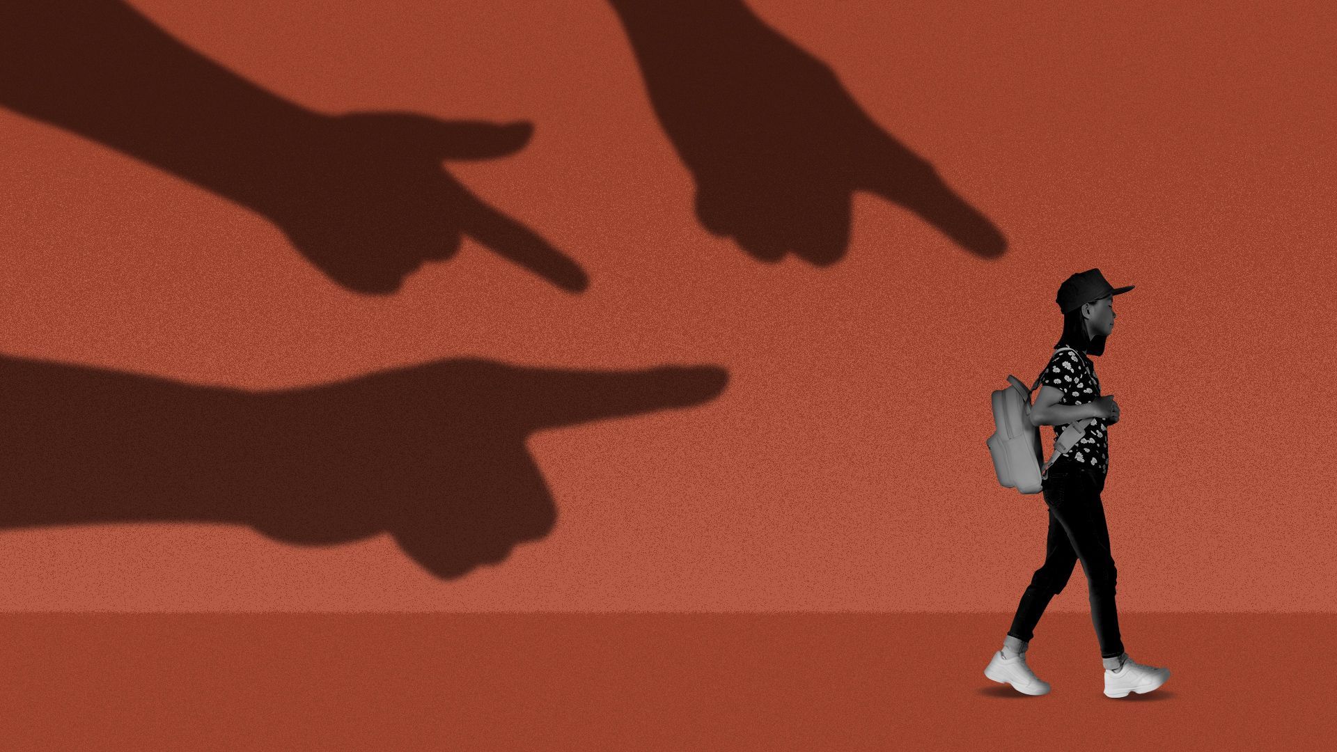 Illustration of an Asian student walking with shadows of hands pointing towards them. 