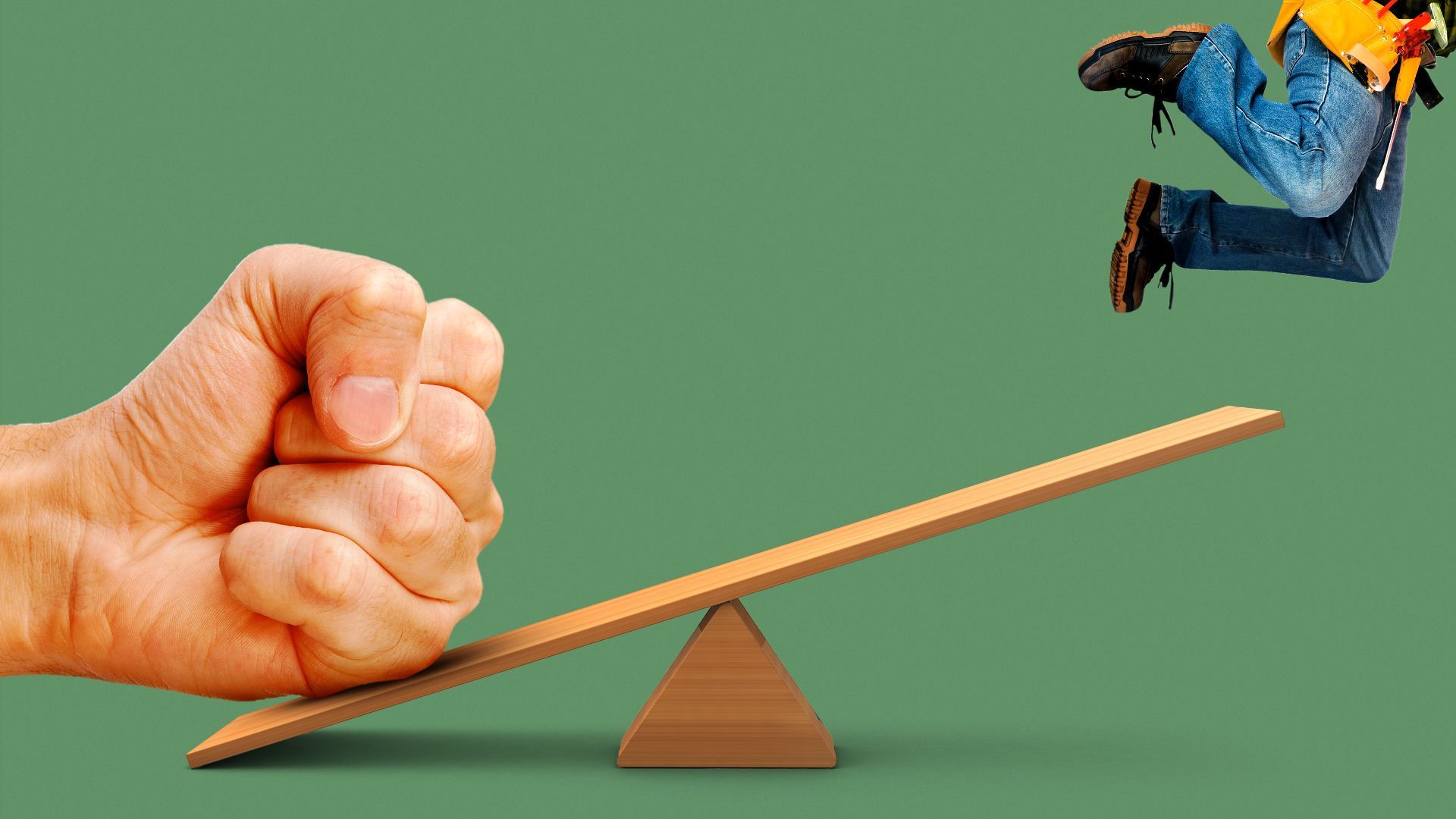 Illustration of a giant fist hitting one side of a see-saw causing a worker to go flying off. 