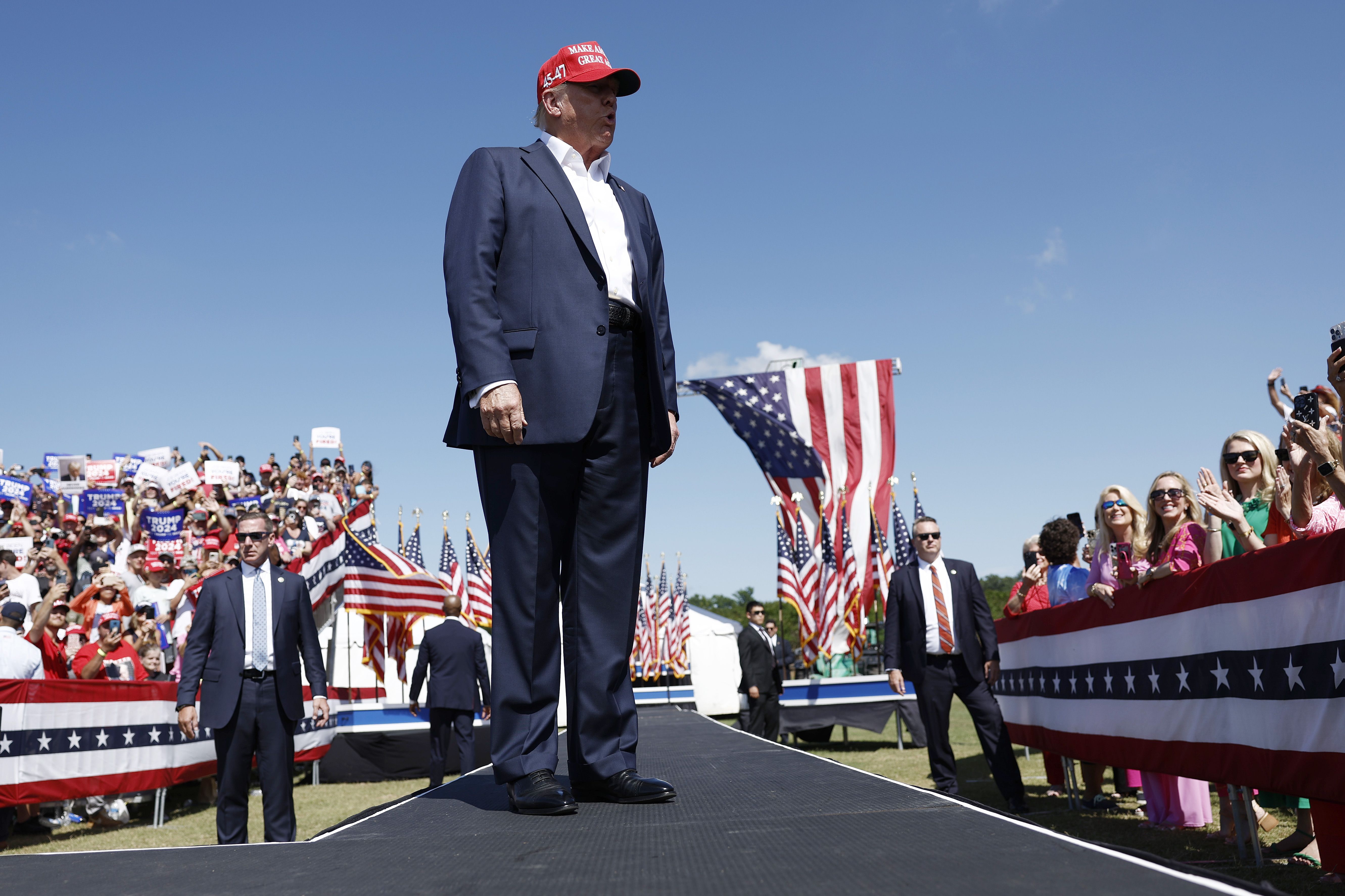 Former President Trump arrives at a rally in Chesapeake, Va., last month.