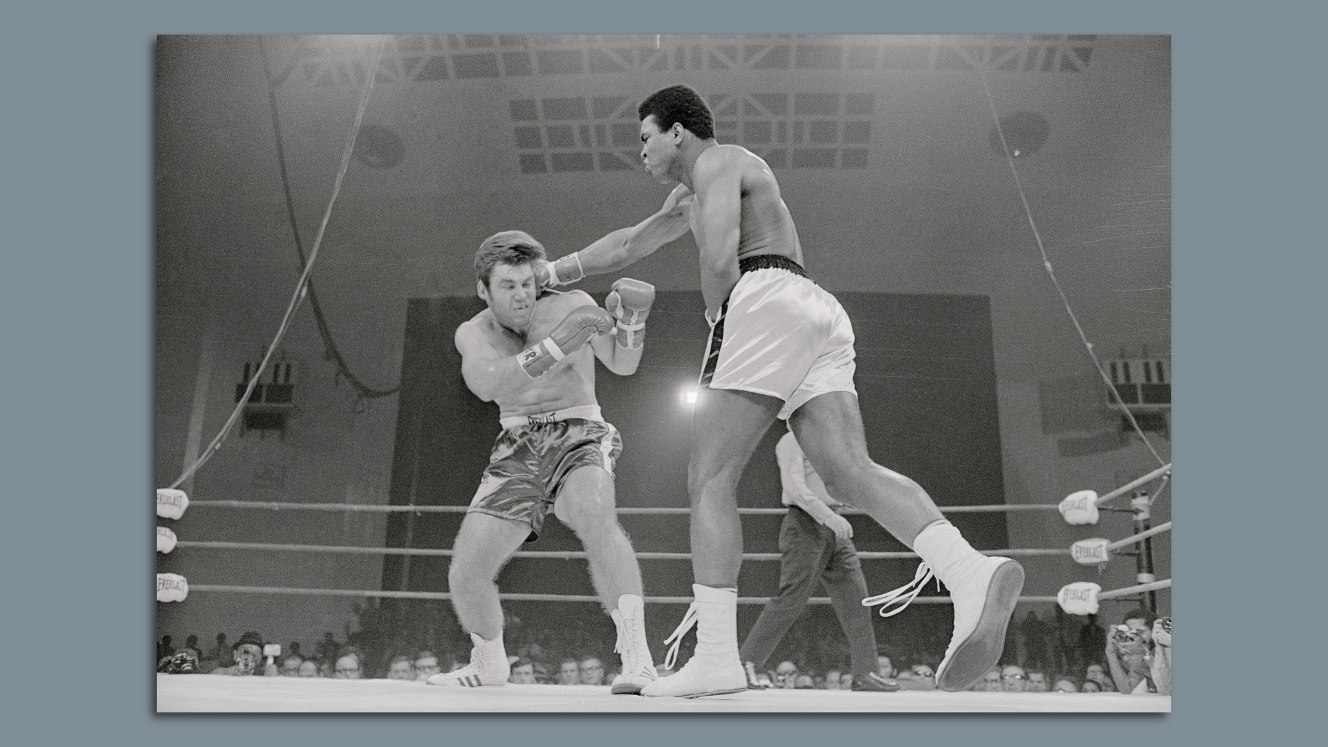 Muhammad Ali lands a punch on Jerry Quarry during their 1970 fight at the Atlanta Municipal Auditorium