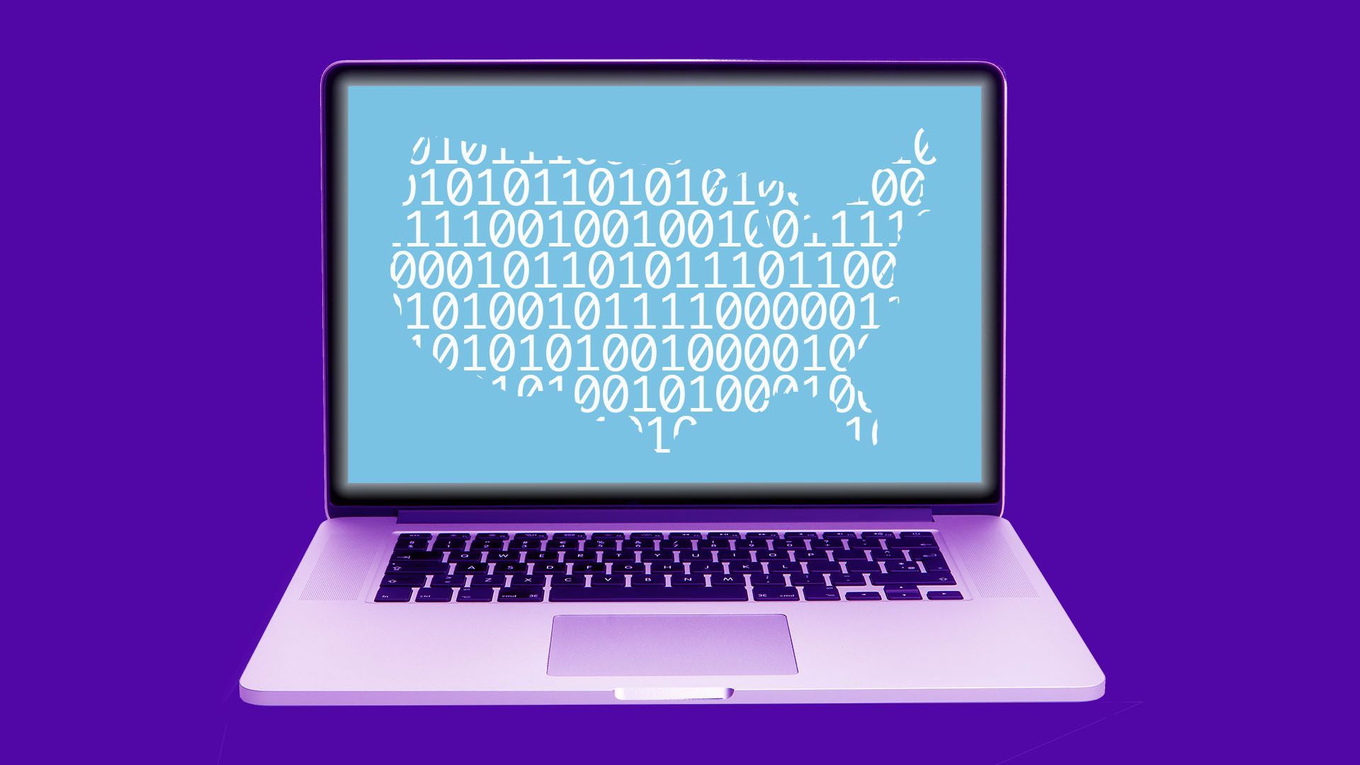 Illustration of a laptop computer with binary code in the shape of the United States