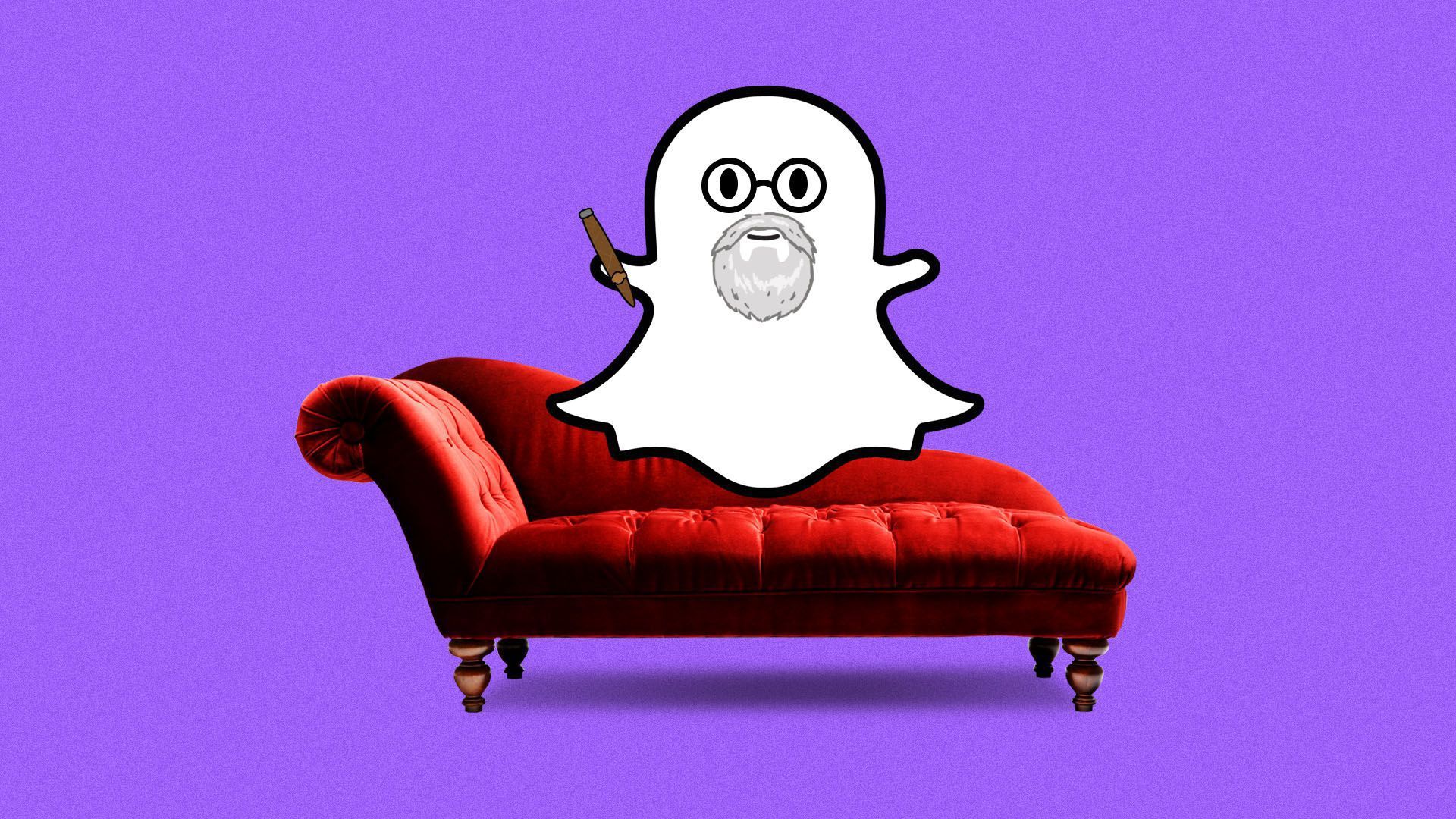 An illustration of Snapchat's ghost mascot with a white beard on a therapists' couch