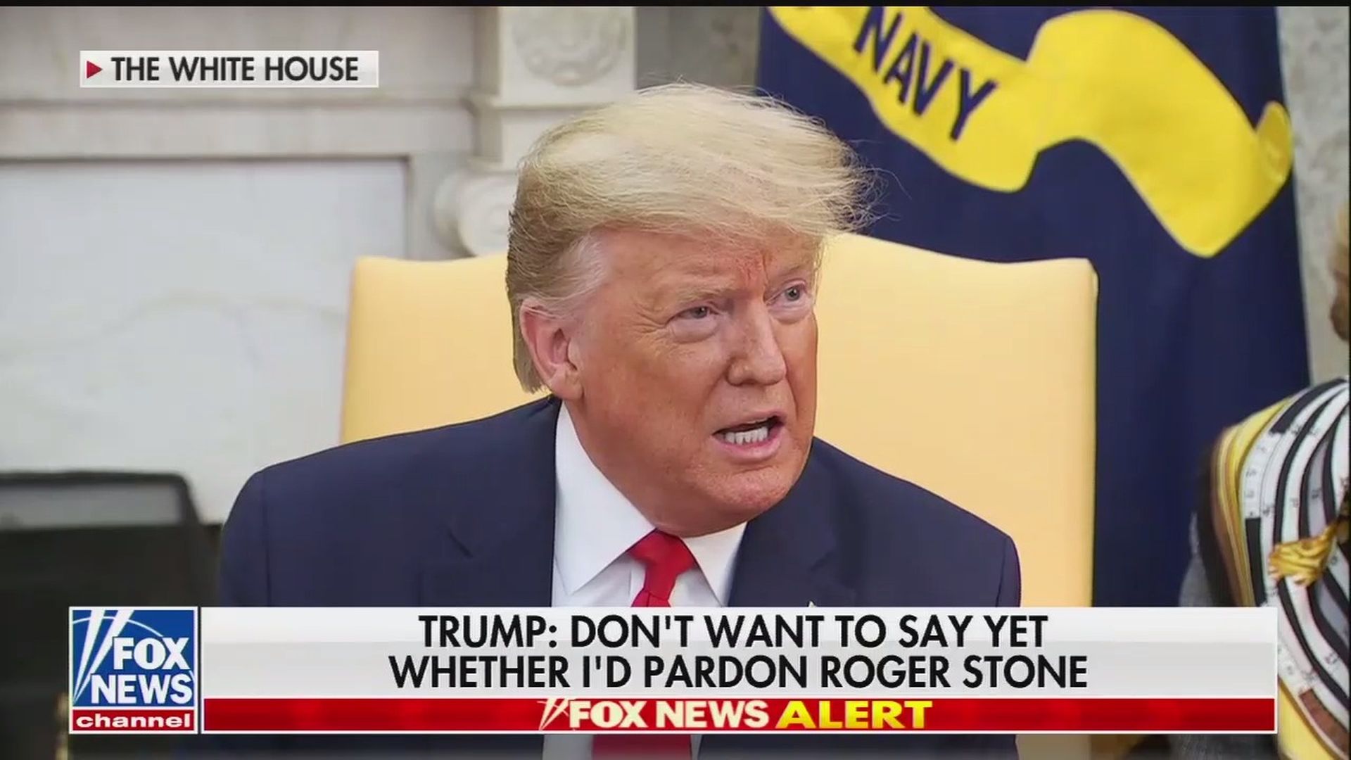 This image is a screenshot of Trump on Fox News with the caption saying he doesn't yet know if he'll pardon Stone