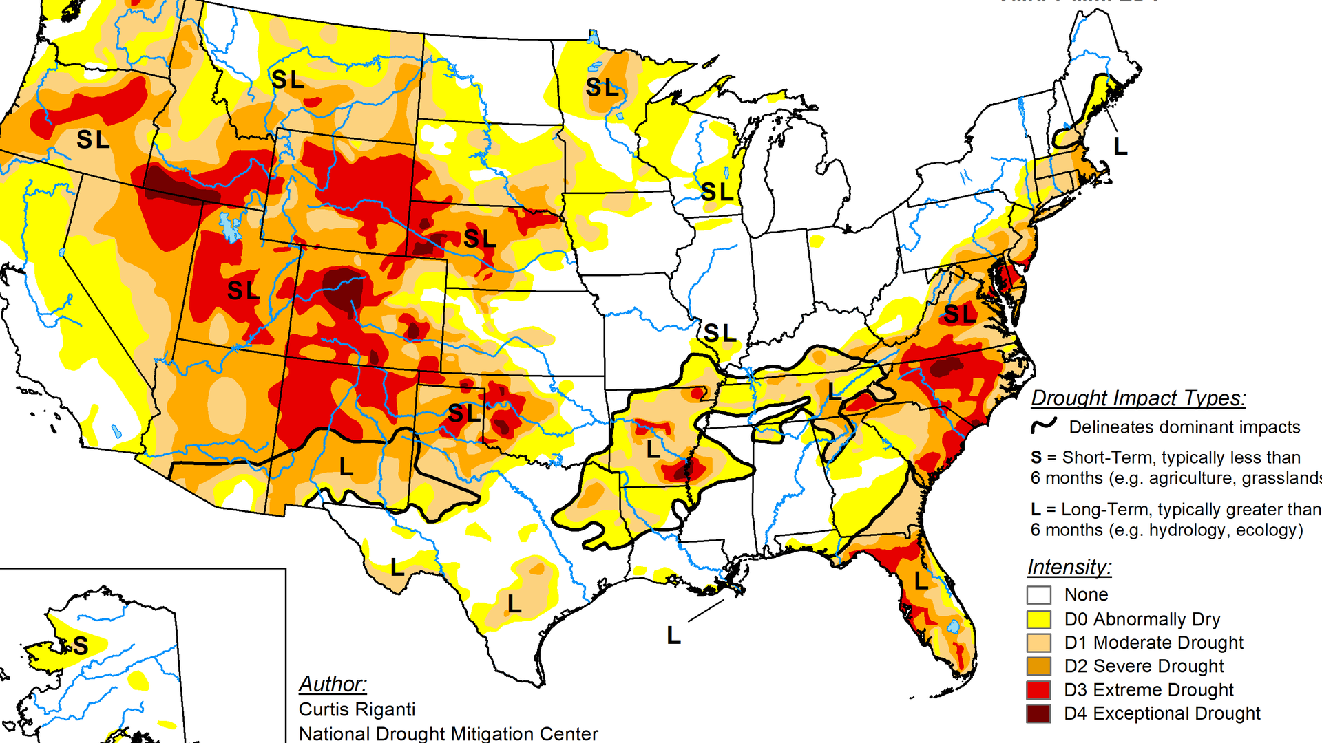 Map titled "U.S. Drought Monitor" for July 7, 2026, showing nationwide drought intensity from D0 (yellow) to D4 (dark red). Southwest and central U.S. heavily shaded; several "SL" markers indicate short-term drought.
