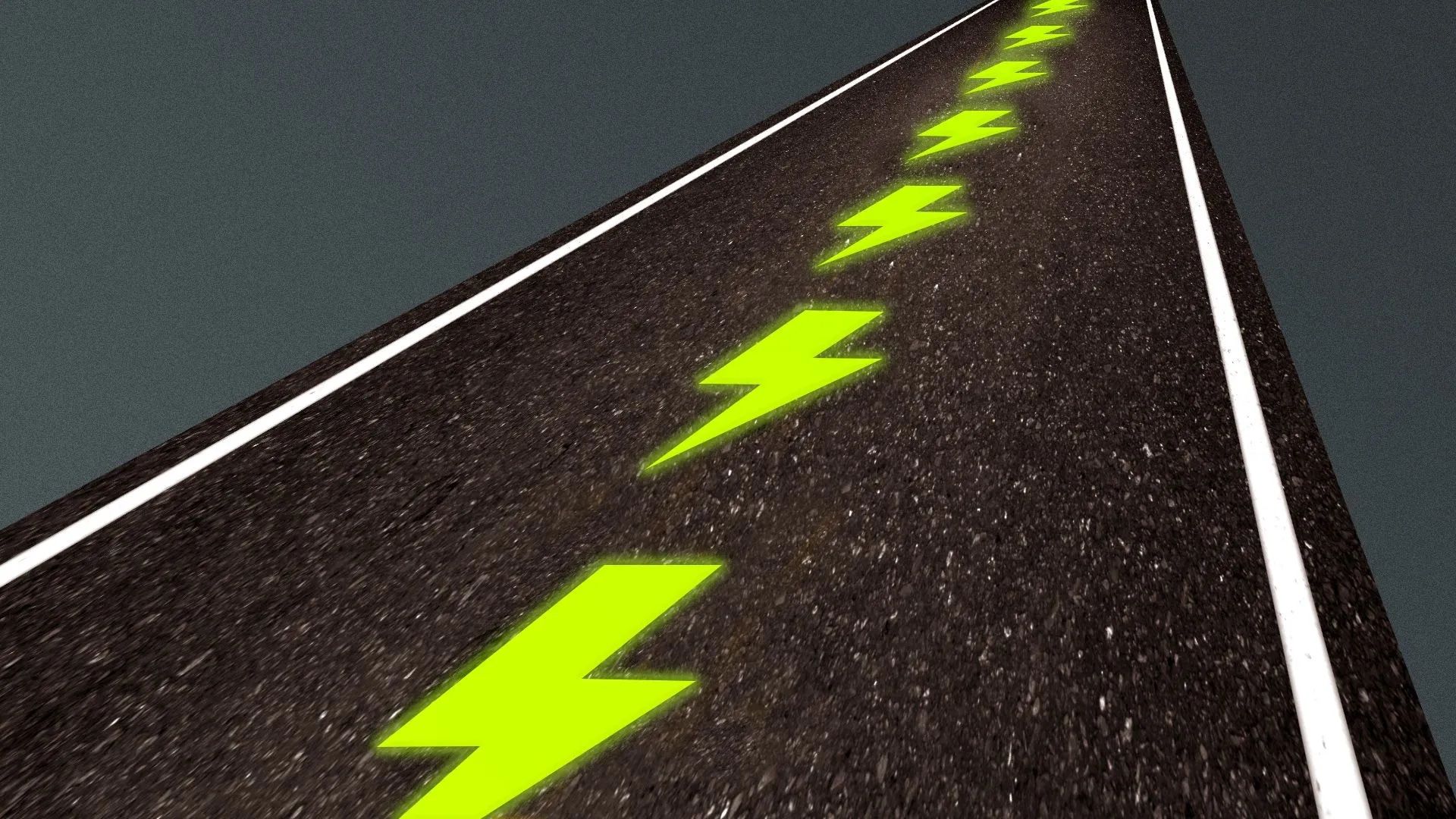 A highway paved with lightning bolts representing electric car charging.