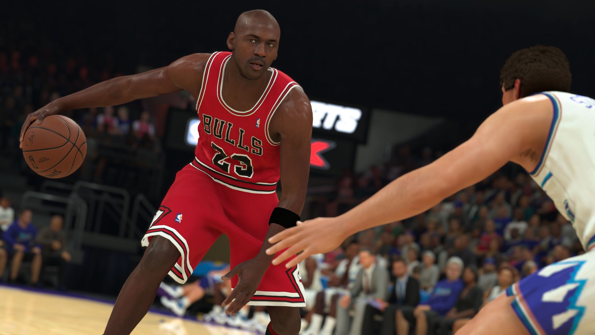 Video game screenshot of Michael Jordan playing basketball