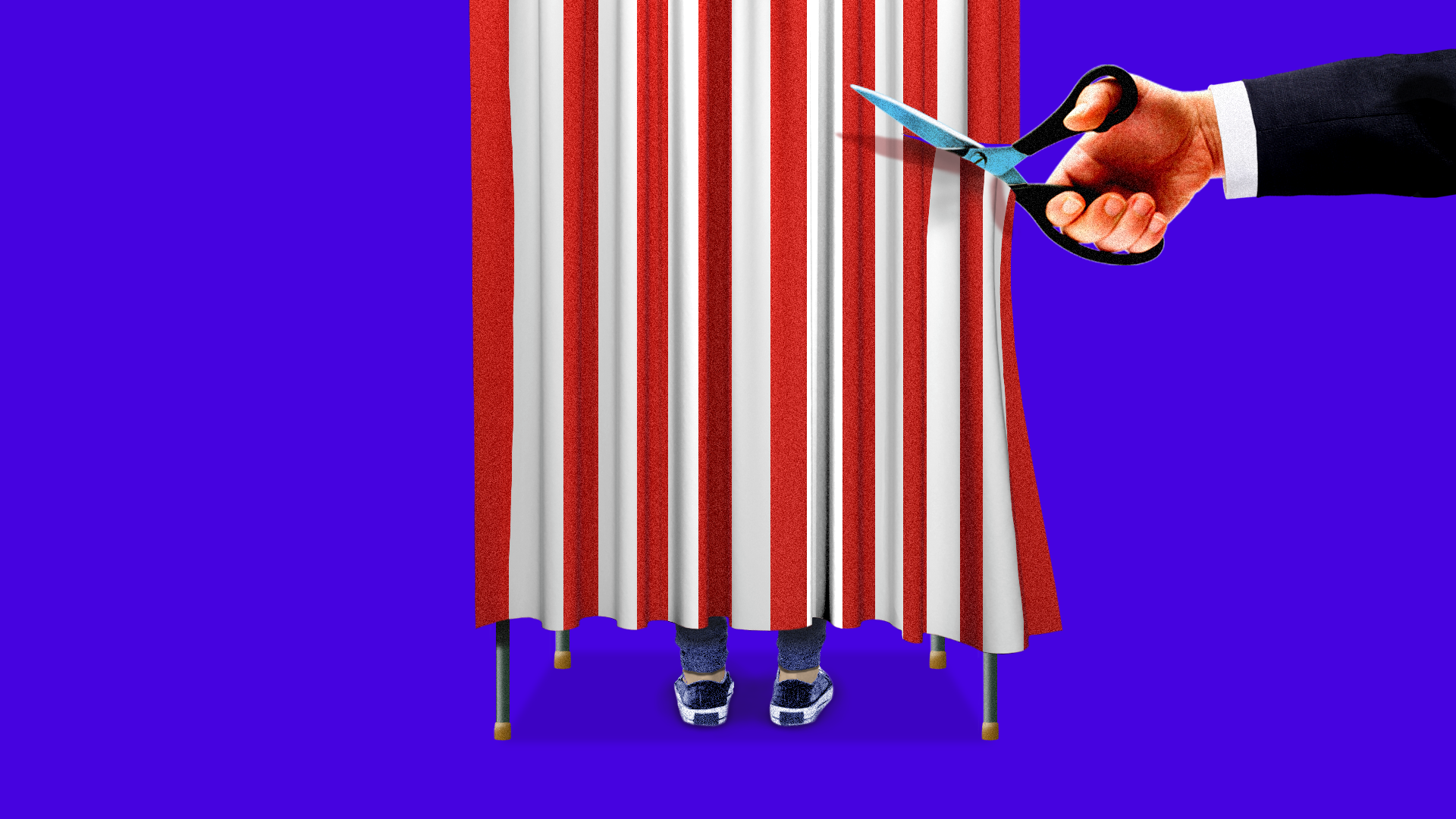 Illustration of scissors cutting a polling both drape.