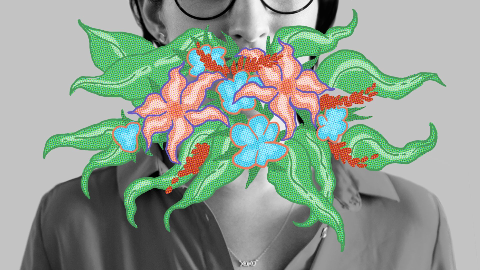 A person whose mouth is blocked by plants.