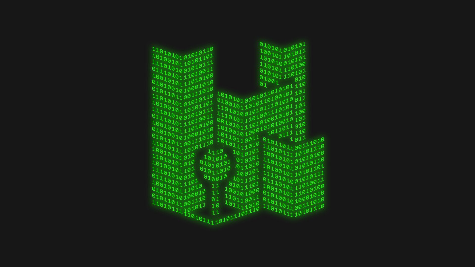 An illustration of a building made out of code.