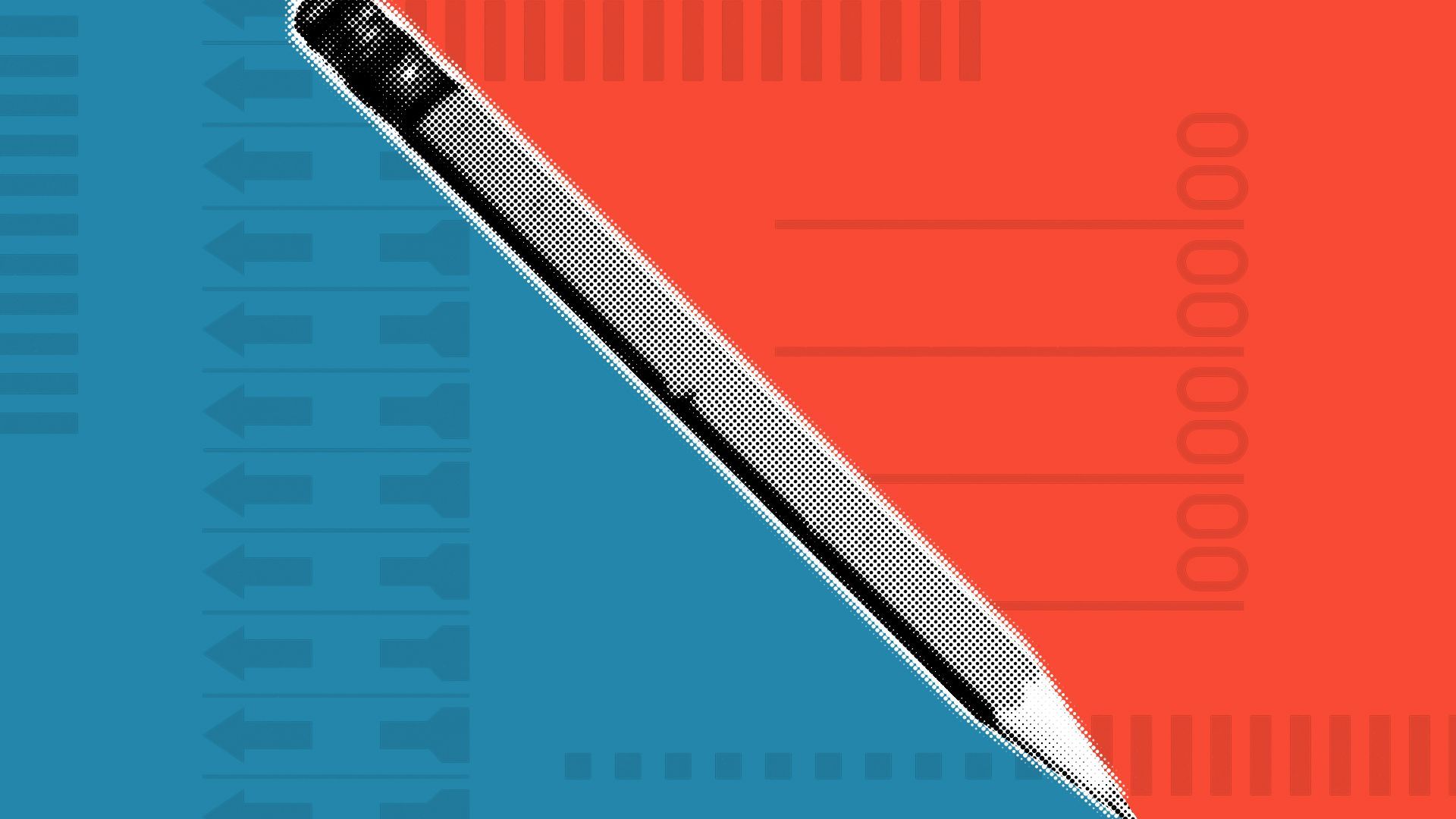 Illustration of a pencil dividing a red and blue background with elements of ballots.