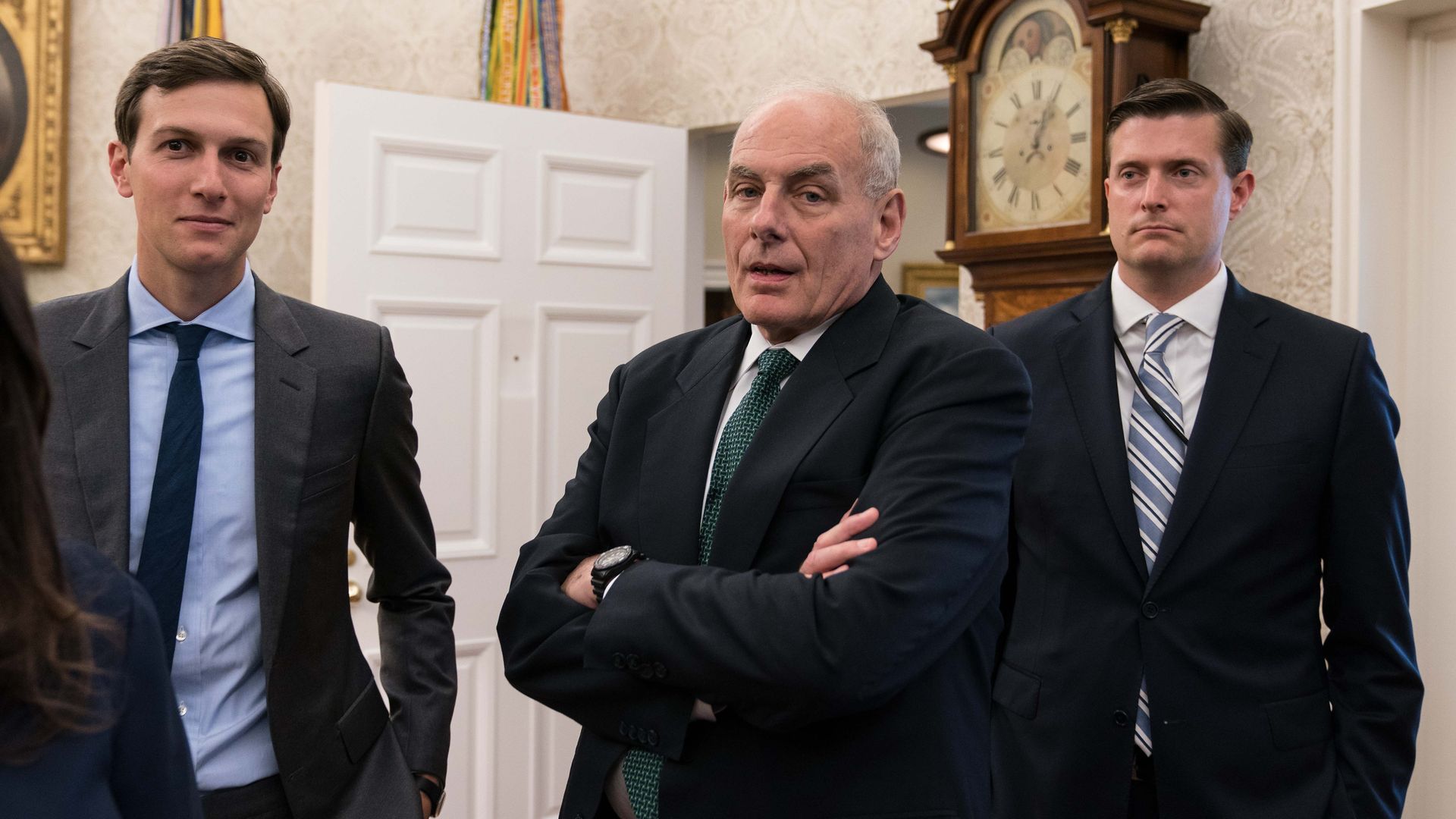 Jared Kushner, John Kelly, and Rob Porter in the Oval Office