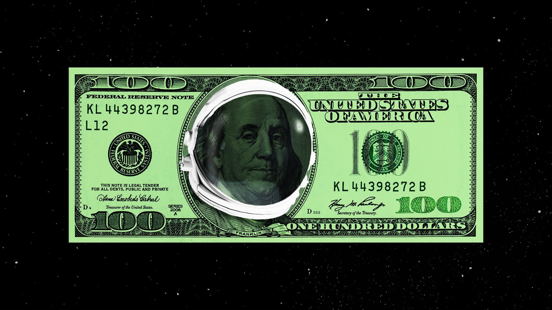Illustration of a hundred dollar bill with Ben Franklin wearing an astronaut helmet.