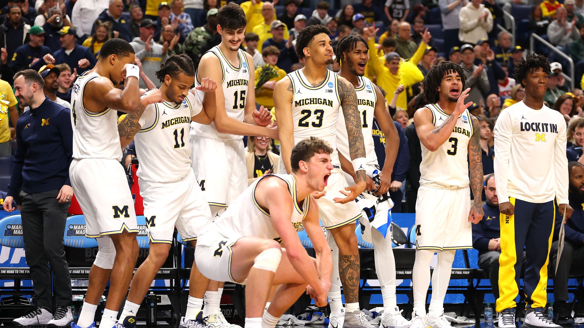 U-M celebrates against Saint Louis during last week's NCAA Tournament win. 