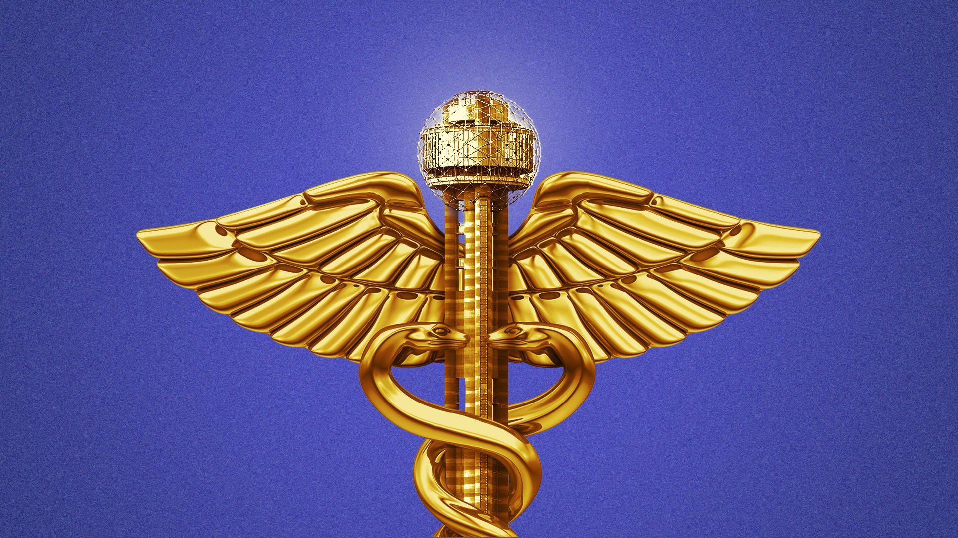 Illustration of the Reunion Tower as a caduceus.