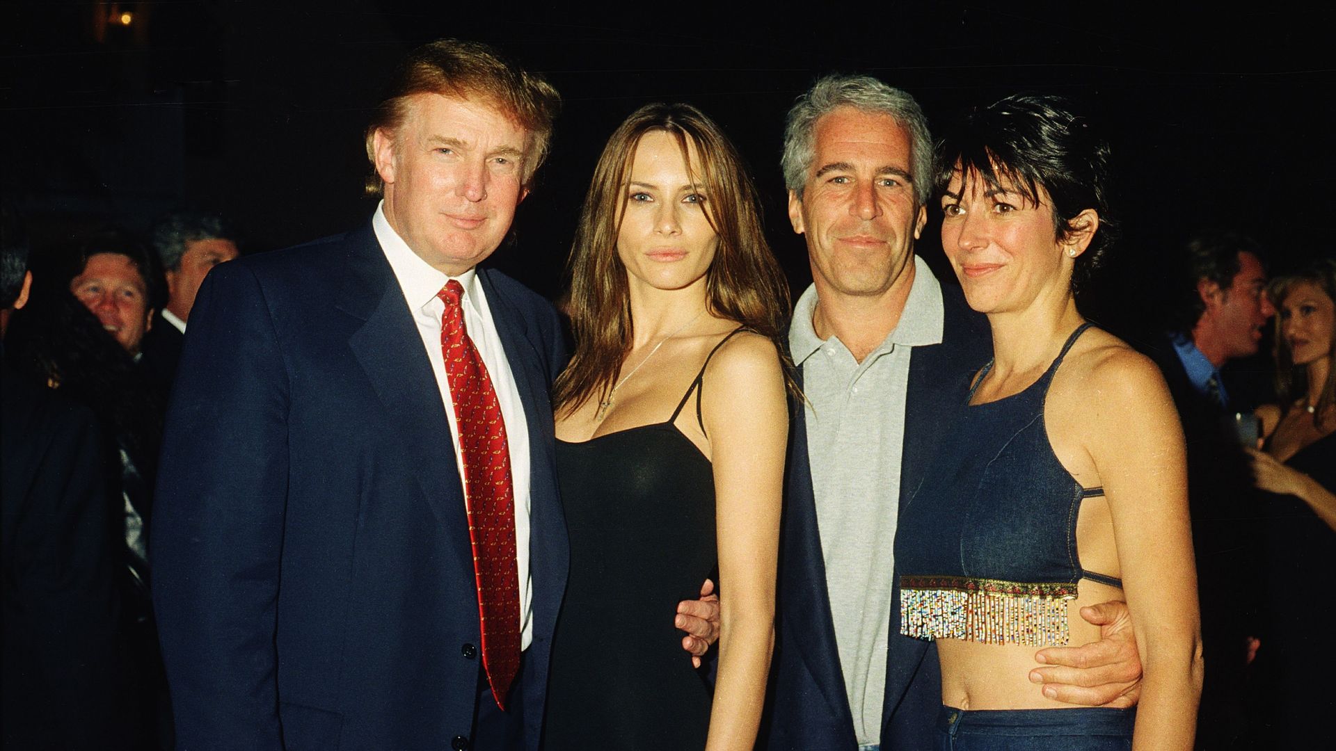 American real estate developer Donald Trump and his girlfriend (and future wife), former model Melania Knauss, financier (and future convicted sex offender) Jeffrey Epstein, and British socialite Ghislaine Maxwell pose together at the Mar-a-Lago club, Palm Beach, Florida, February 12, 2000. 