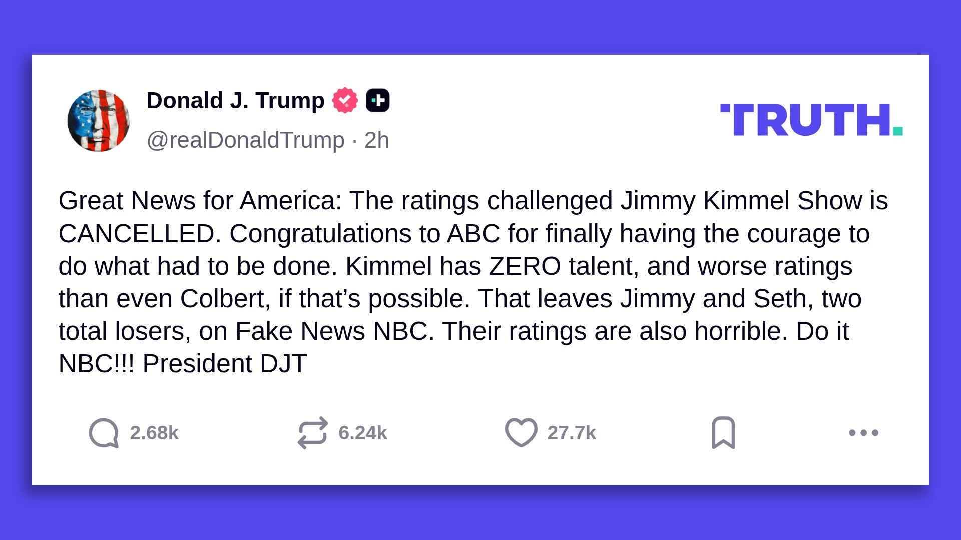 Screenshot of a message from Donald J. Trump on TRUTH platform claiming the "Jimmy Kimmel Show" is cancelled, criticizing Kimmel and Seth for poor ratings on NBC.
