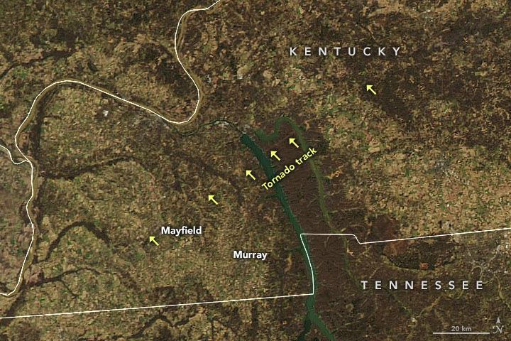 Tornado track across southwest Kentucky seen from a satellite. Photo: NASA Earth Observatory