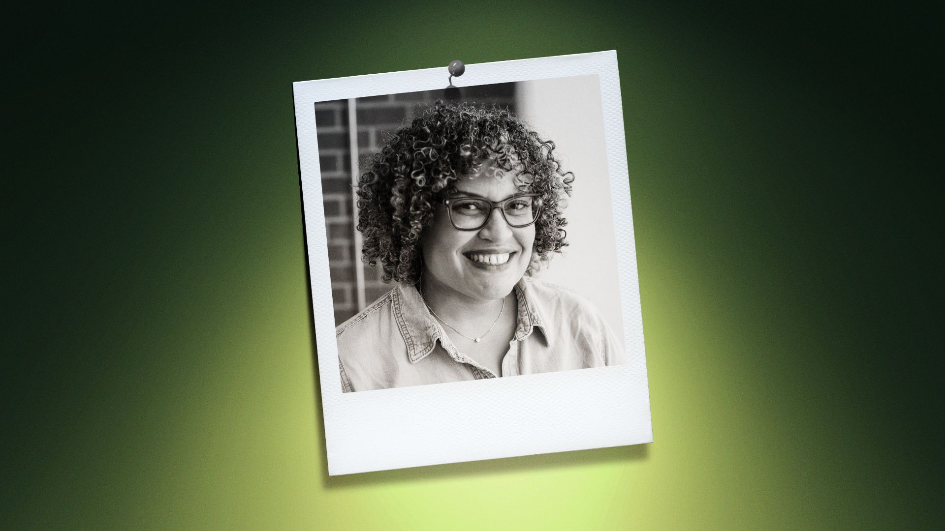Photo illustration of Lucy Martinez, chief operating officer for Code the Dream, in the center of a Polaroid photo under a green spotlight.
