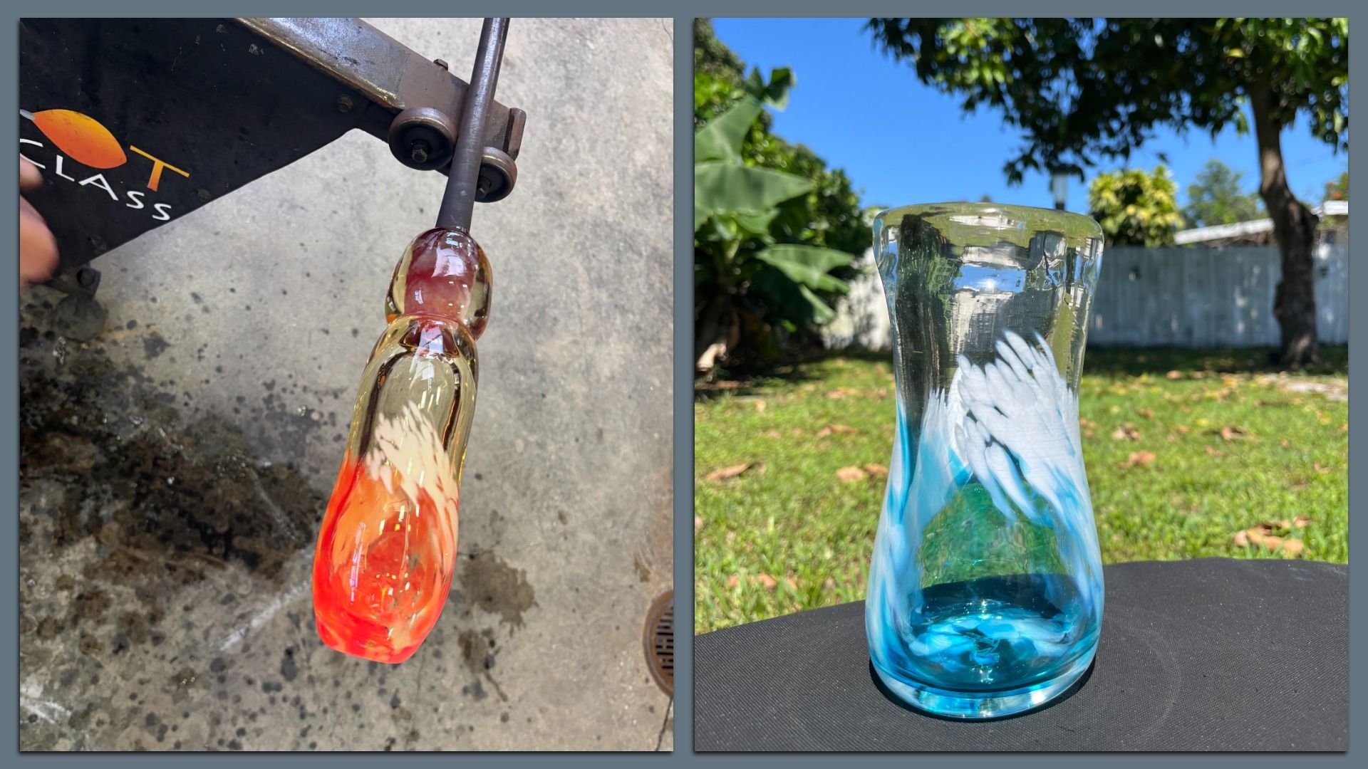Two-panel image: left shows molten orange-red glass on a rod at a glassblowing station with a torch; right shows a tall blue-green swirled vase outdoors on a table, with grass, trees, and a fence in the background.
