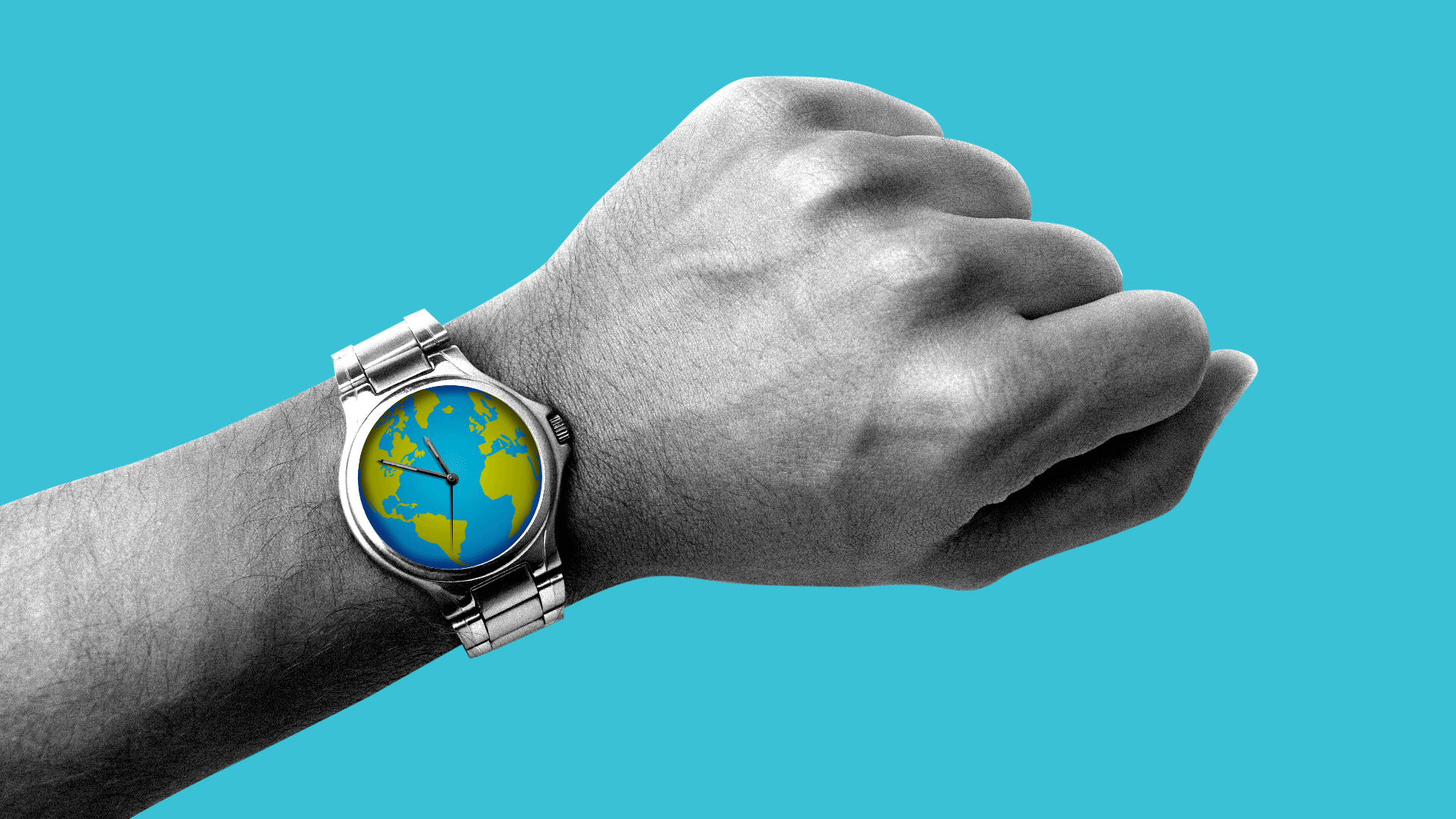 Animated illustration of a wristwatch with the Earth on the face, and the clock is ticking backwards.
