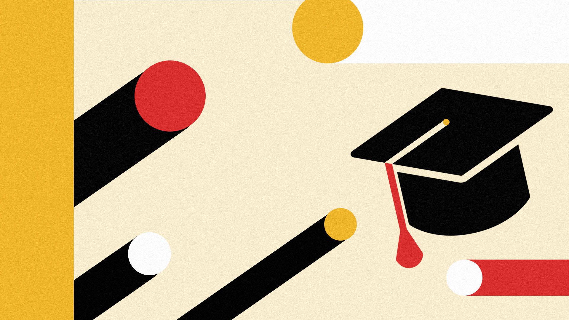 Illustration of a graduation cap surrounded by abstract colors and shapes