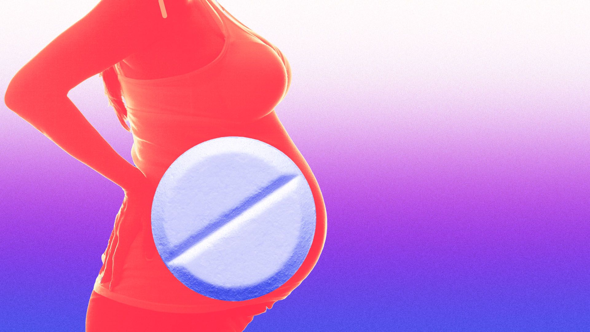 Illustration of a pregnant person in silhouette with a giant pill over her stomach 